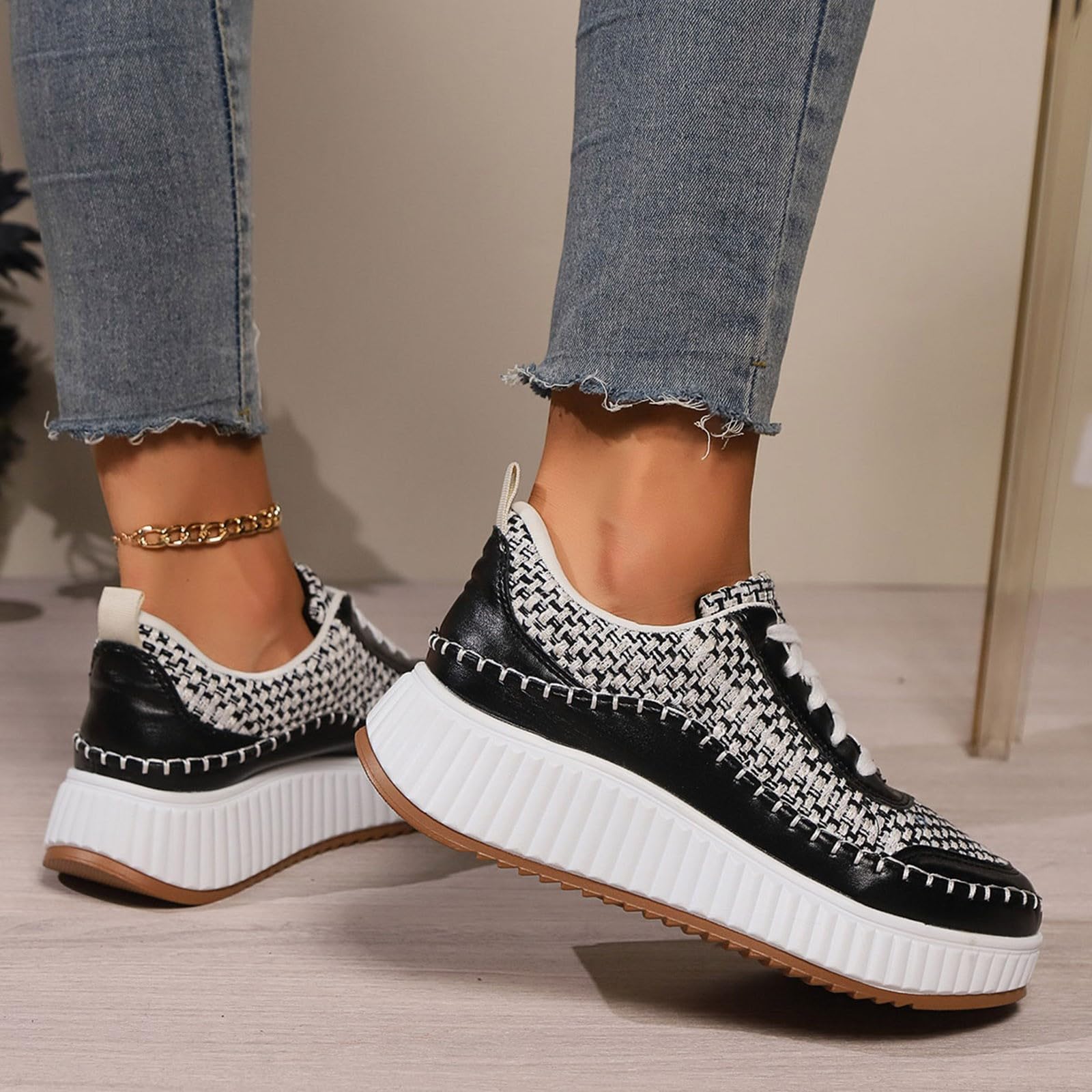 Women's Platform Woven Sneakers - Thick Sole Fashion Casual Lace Up Shoes | Anti-Slip & Comfortable Walking Shoes for Women | Perfect for Daily Wear, Work, and Travel
