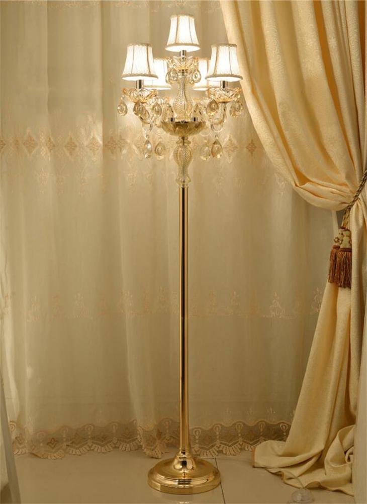 European Style Gold Crystal Floor Lamp with Fabric Shade - Luxury Living Room & Bedroom Lighting, E14 Bulb Reading & Craft Lamp (5 Heads) - Perfect for Home Decor, Study, and Relaxation