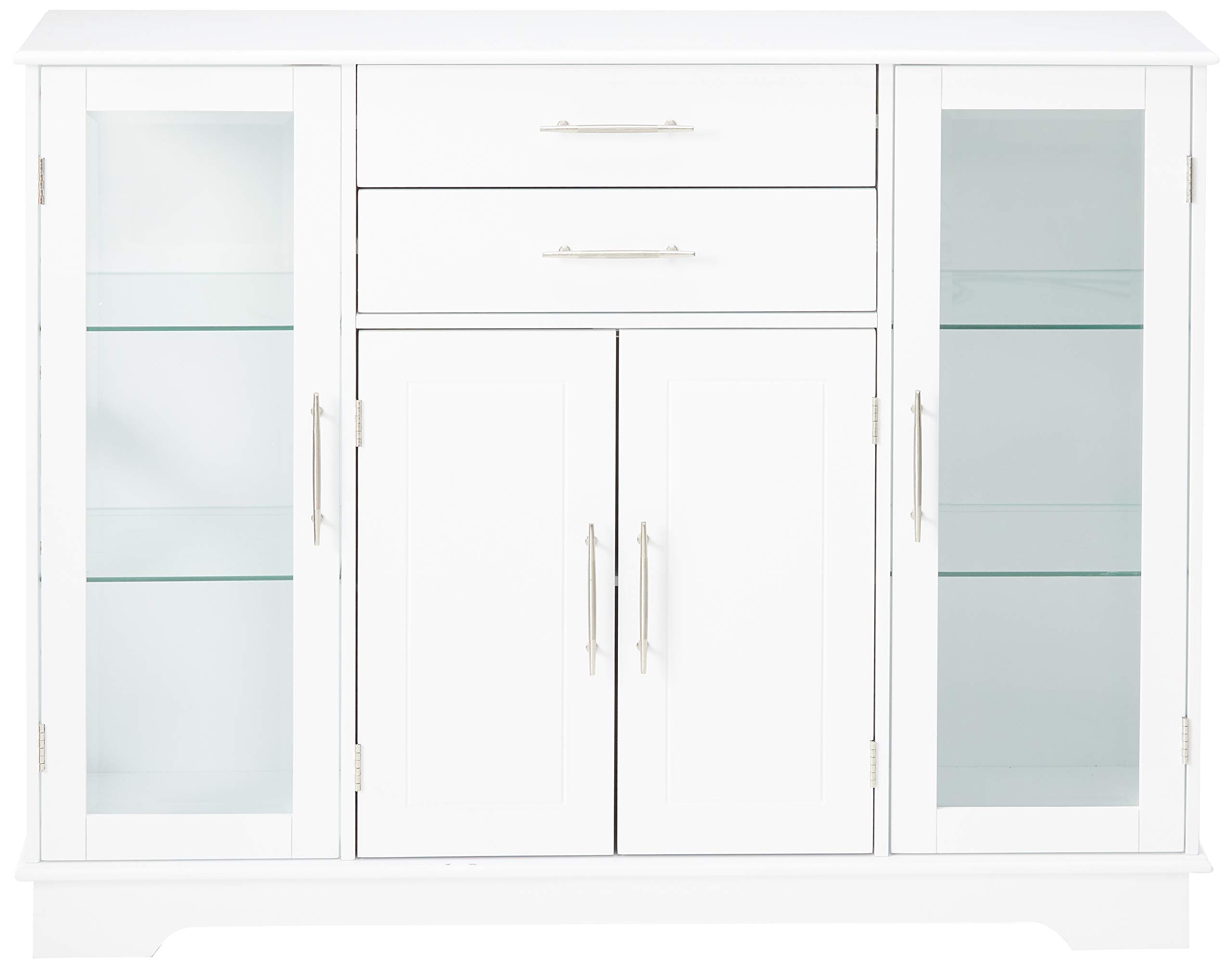 Kings Brand White Kitchen Storage Cabinet with Glass Doors - Buffet Sideboard for Dining Room, Living Room & Kitchen Organization