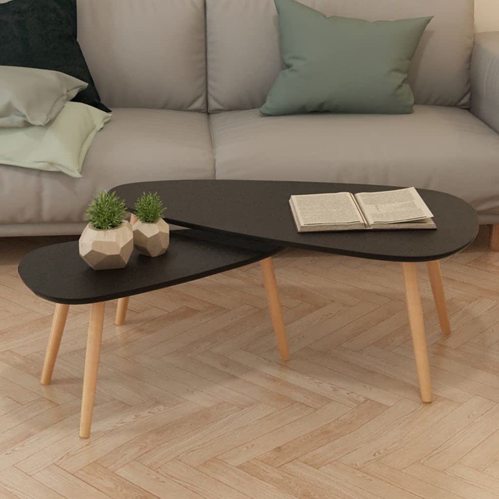 2-Piece Coffee Table Set with Foot Pads & Solid Pinewood Legs - Durable MDF Tabletop - Multi-Functional End Table, Side Table or Nightstand (Black) - Perfect for Living Room, Bedroom or Office Decor