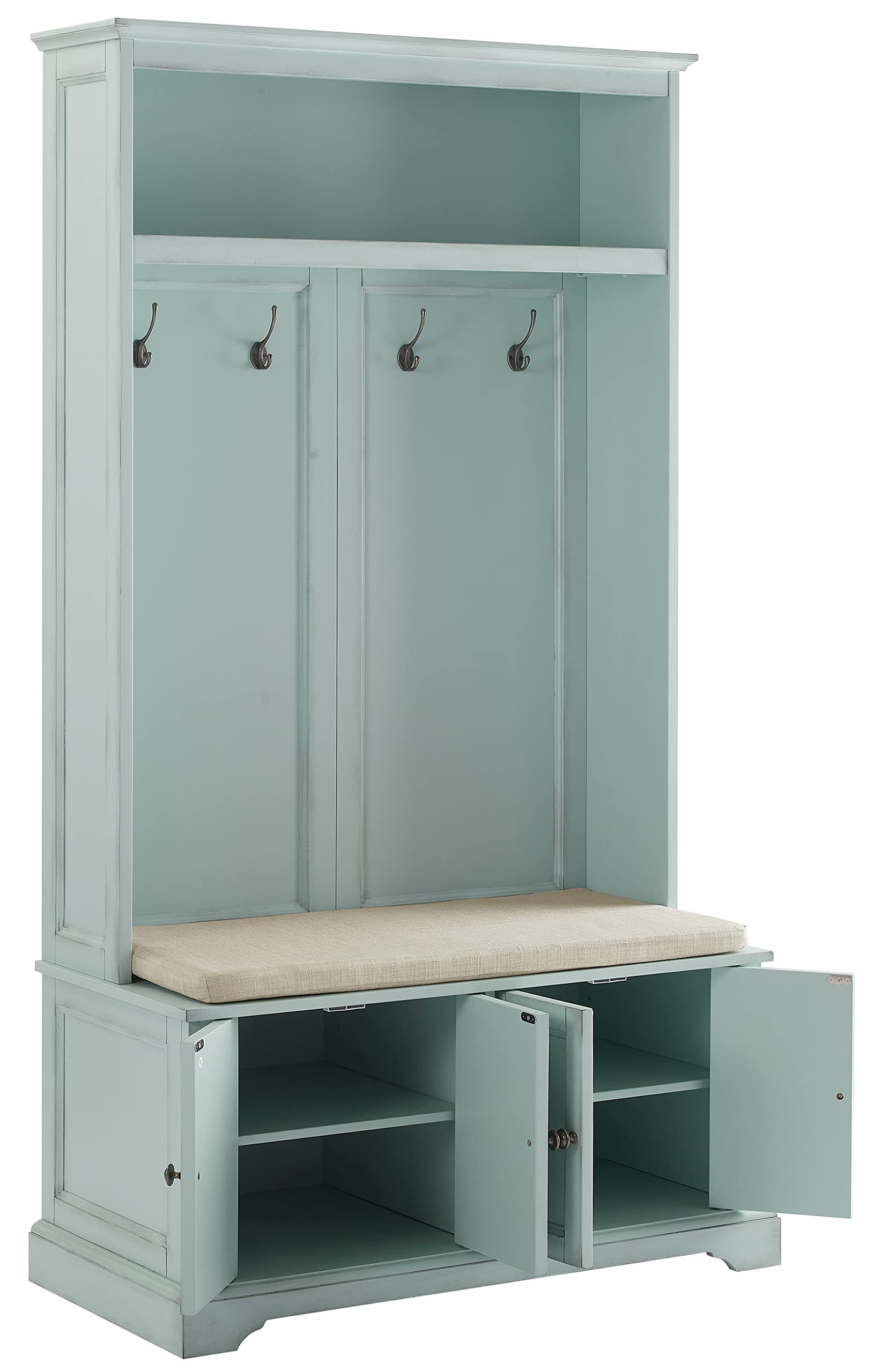 Crosley Holbrook Hall Tree with Shoe Rack, Storage Bench & Coat Hooks | Distressed Seafoam Blue Entryway Organizer | Perfect for Small Spaces, Mudrooms & Farmhouse Decor