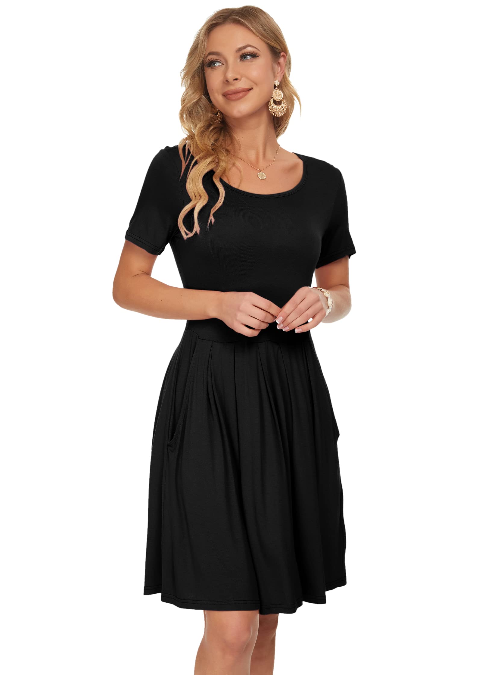 AUSELILY Women's Summer Short Sleeve Pleated Swing Dress - Loose Fit Knee Length Dress with Pockets for Casual Outings, Beach Vacations & Daily Wear | 2025 New Collection