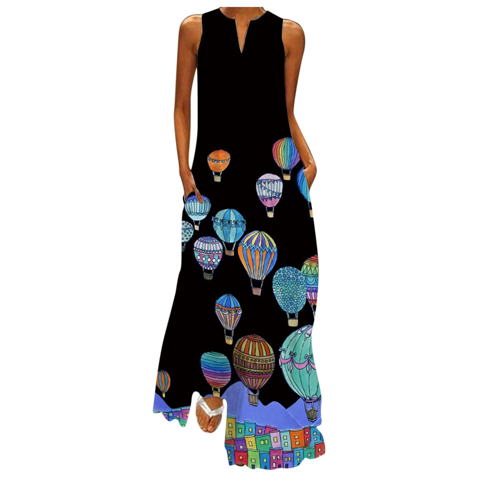 Plus Size Vintage Floral Maxi Dress for Women - Casual Summer Sleeveless V-Neck Dress with Pockets | Beach Wedding, Vacation & Everyday Wear