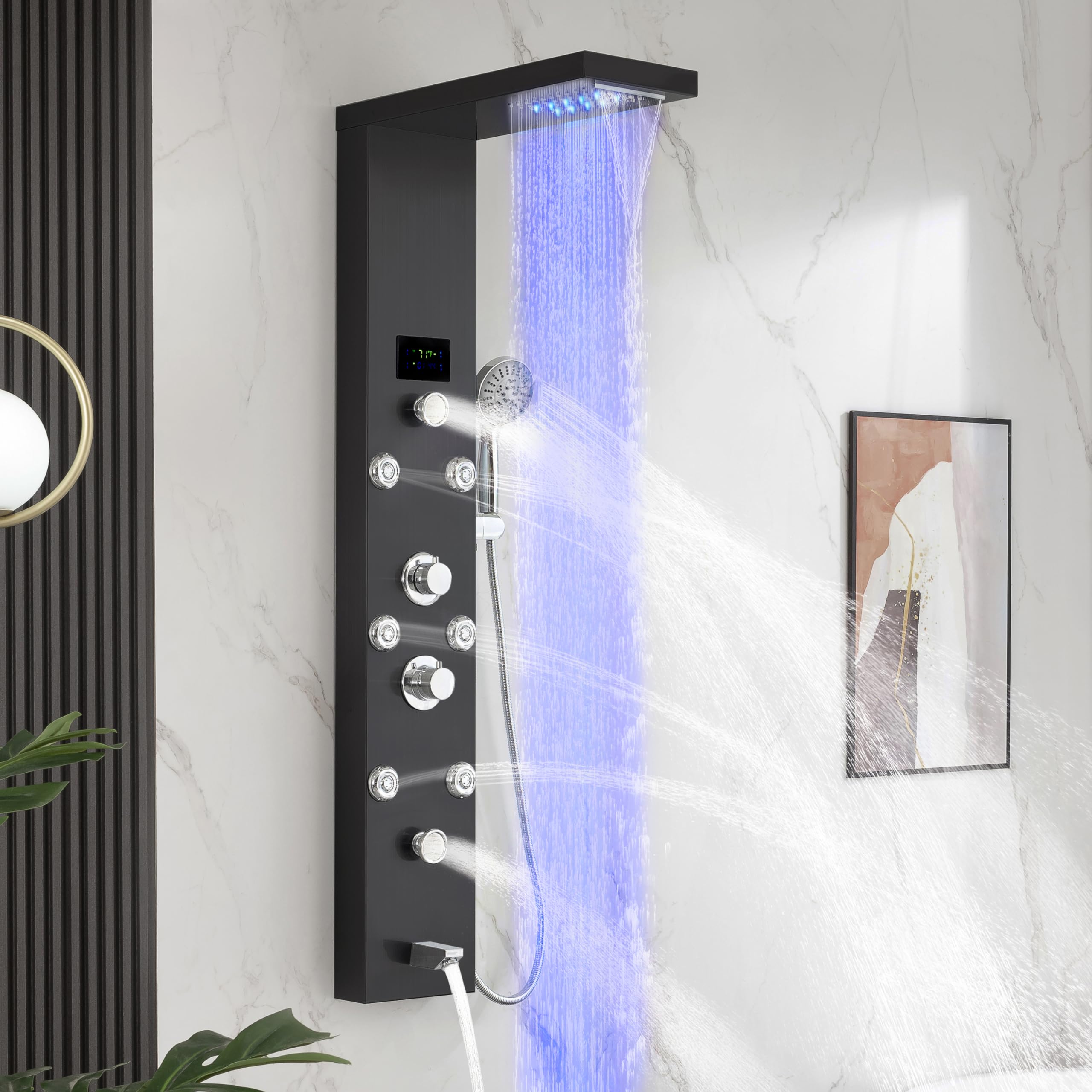 DELAVIN LED Shower Panel - Stainless Steel Shower Tower System with Temperature Display | 5-Function Rainfall, Waterfall, Massage Body Jets, Tub Spout & Handheld Showerhead | Brushed Black Finish for Modern Bathroom Luxury & Spa Experience