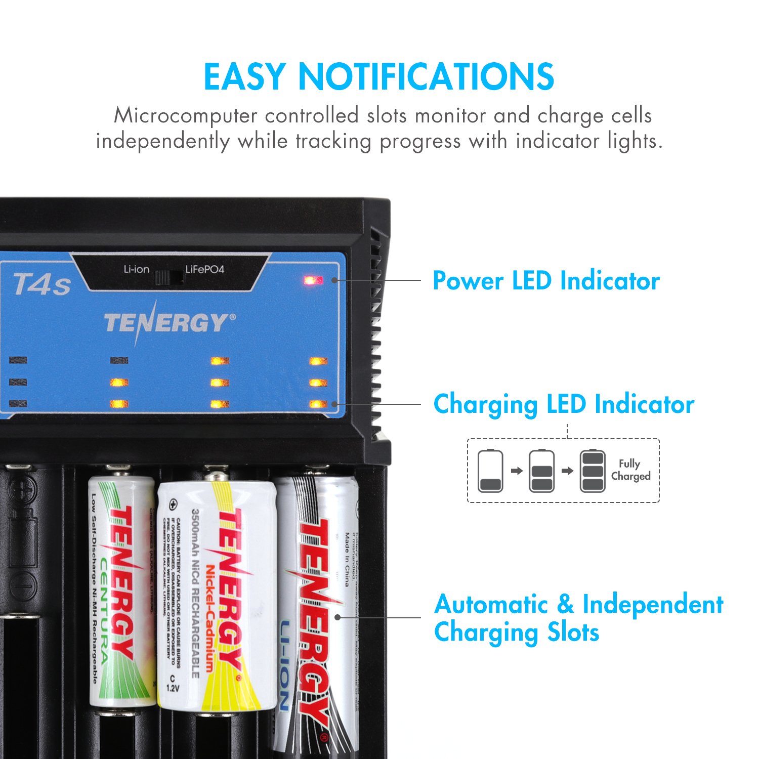 Tenergy T4s Smart Universal Battery Charger - 4 Slot Fast Charging for Li-ion, LiFePO4, NiMH & NiCd Rechargeable Batteries (18650, 14500, 26650, AA, AAA, C) with Car Adapter - Perfect for Home, Office & Travel Use