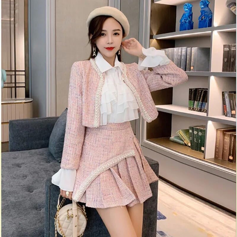 Elegant Women's Autumn Winter 3-Piece Tweed Suit Set - Slim Coat, Skirt & Blouse Outfit for Office, Party & Formal Occasions