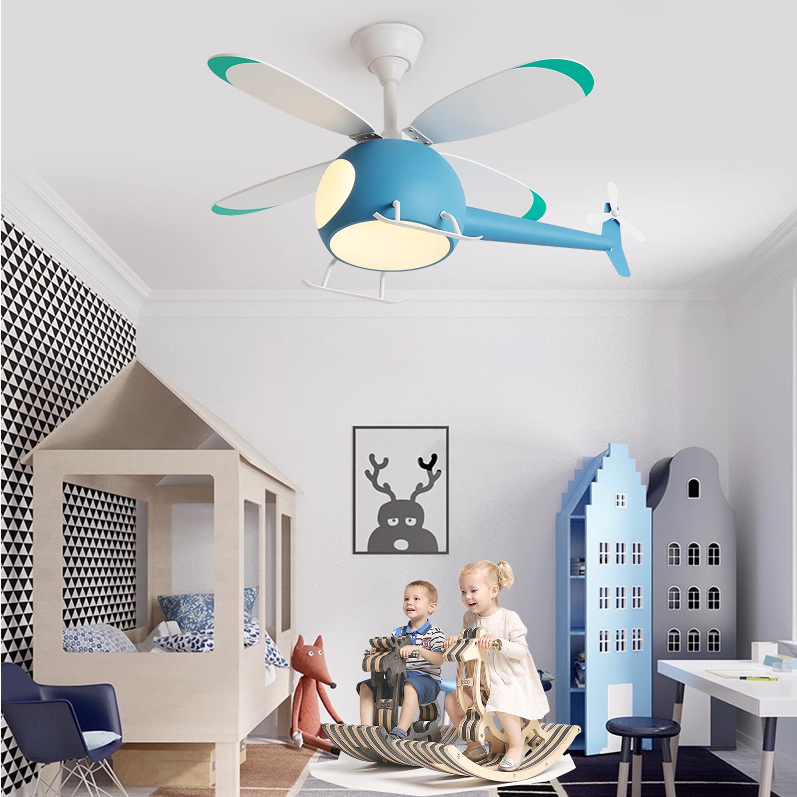 CHANFOK Kids Ceiling Fan with Light - Remote Control, LED, 3 Speeds, Timer - Helicopter Design Bedroom Ceiling Fan for Boys Girls - Perfect for Nursery, Playroom & Kids Bedroom Decor
