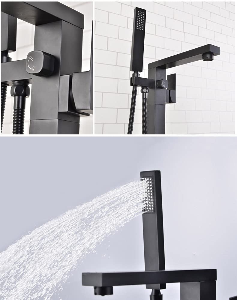 Matte Black Floor Mount Bathtub Faucet with Handheld Shower Mixer Tap - Premium Bathroom Tub Filler for Modern Showers | Perfect for Spa-Like Relaxation & Luxurious Bathroom Upgrades