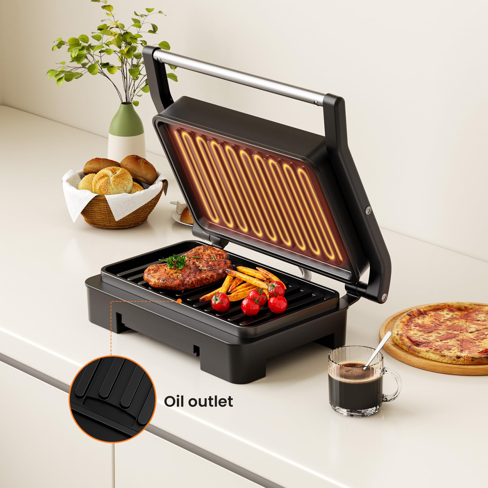 **Electric Panini Press & Indoor Grill - Non-Stick Coated Plates for Sandwiches, Eggs, Ham & Steaks - Compact & Portable for Home, Office & Dorm Use (Grey)**