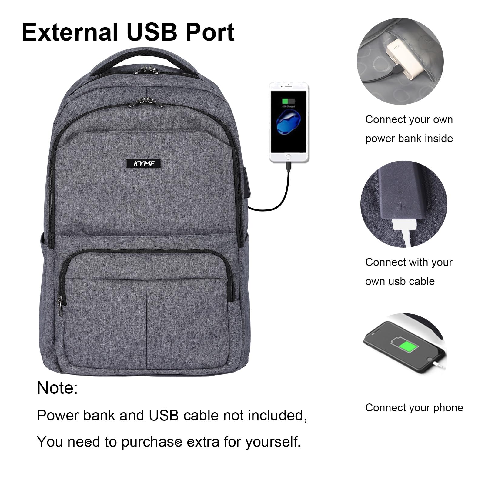 KYME Work Backpack for Men - 17 Inch Large Water Resistant Travel Laptop Backpack - Durable College Book Bag - Perfect for Business, Commuting & School - Grey