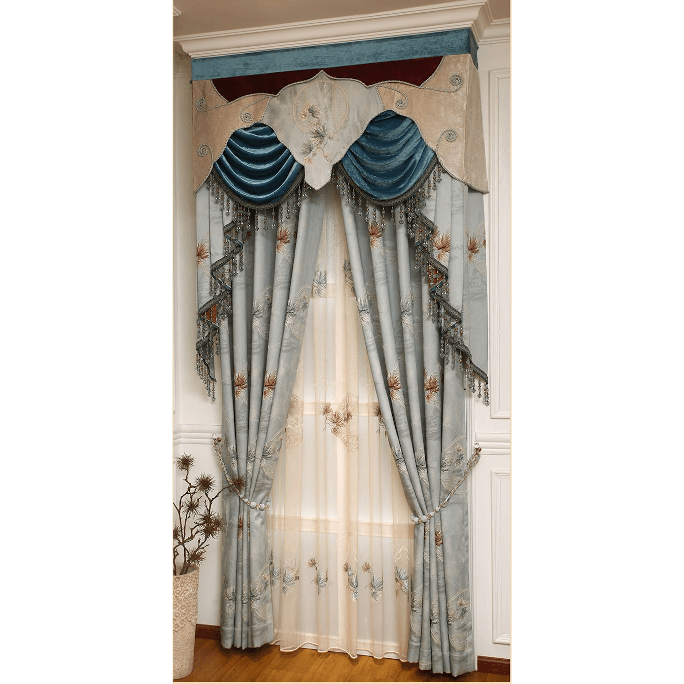 Annapolis Luxury Valance Floral Blue with Lace - Elegant Window Treatment for Bedroom & Living Room Decor