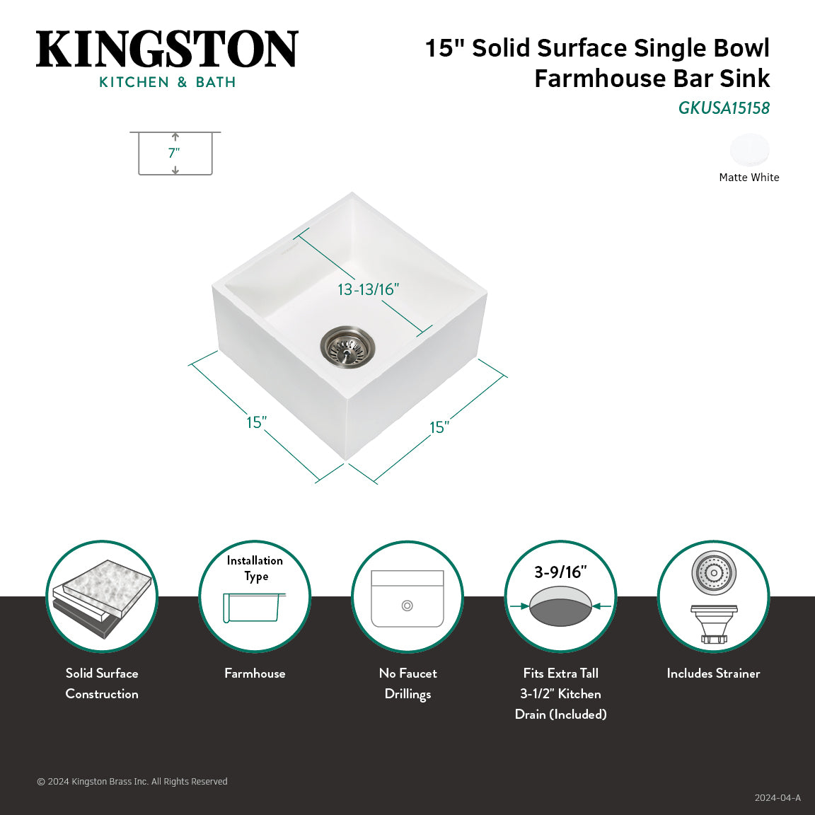 Arcticstone GKUSA15158 15 Inch White Farmhouse Kitchen Sink - Solid Surface Apron Front Single Bowl Bar Prep Sink with Strainer, Matte White - Perfect for Modern Farmhouse & Rustic Kitchen Designs