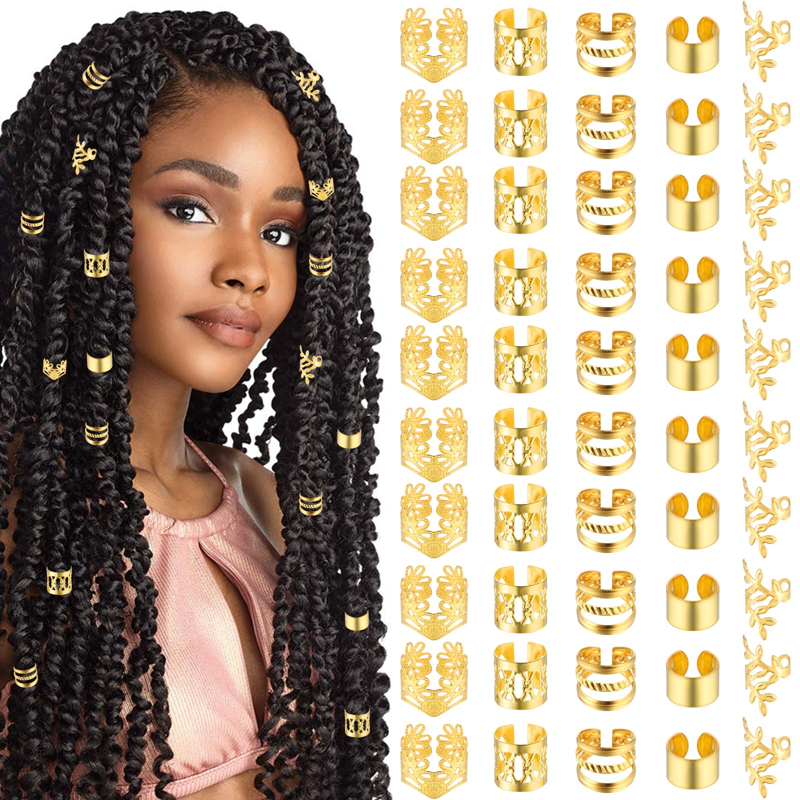50pcs Gold Hair Jewelry for Braids - Adjustable Hair Rings, Cuffs & Charms for Dreadlocks - Hair Beads Decorations for Men & Women - Perfect for Parties, Weddings & Everyday Styling