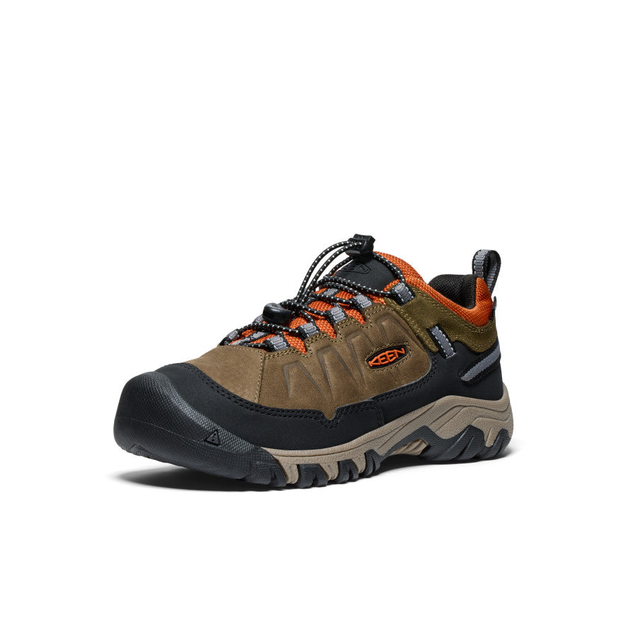 **Big Kids' Targhee IV Waterproof Hiking Shoes - Dark Olive/Gold Flame | Durable & Comfortable for Outdoor Adventures**    **使用场景:** Perfect for hiking, camping, and outdoor exploration, these waterproof shoes keep kids' feet dry and comfortable on any terrain.