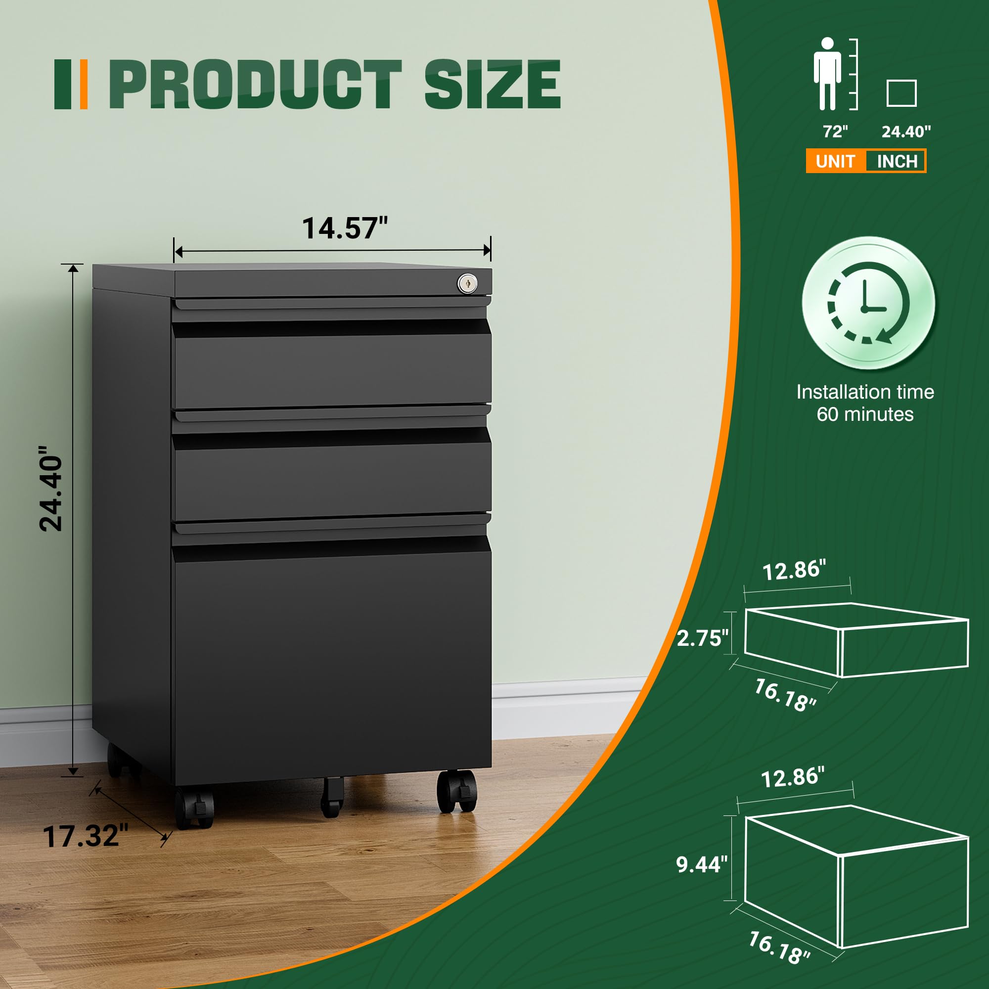 Letaya 3-Drawer Locking Mobile File Cabinet - Under Desk Metal Storage Organizer for Home & Office (Fully Assembled, Black) | Perfect for Letters, Legal & A4 Documents - Ideal for Workspaces, Home Offices & Small Businesses