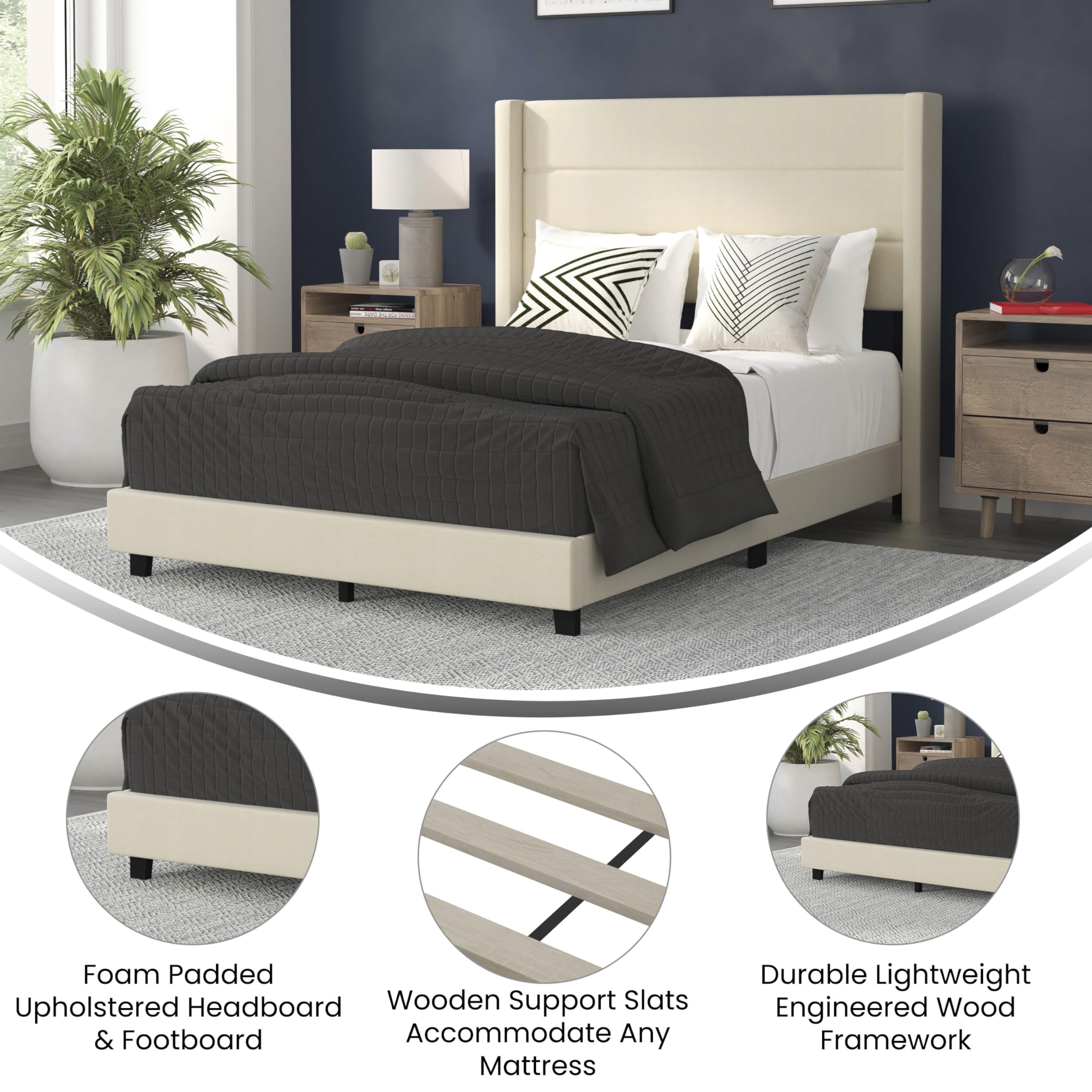 Quinn Upholstered Platform Bed Frame - Full Size with Beige Faux Linen Wingback Headboard & Slatted Mattress Support - No Box Spring Needed - Perfect for Modern Bedrooms & Guest Rooms