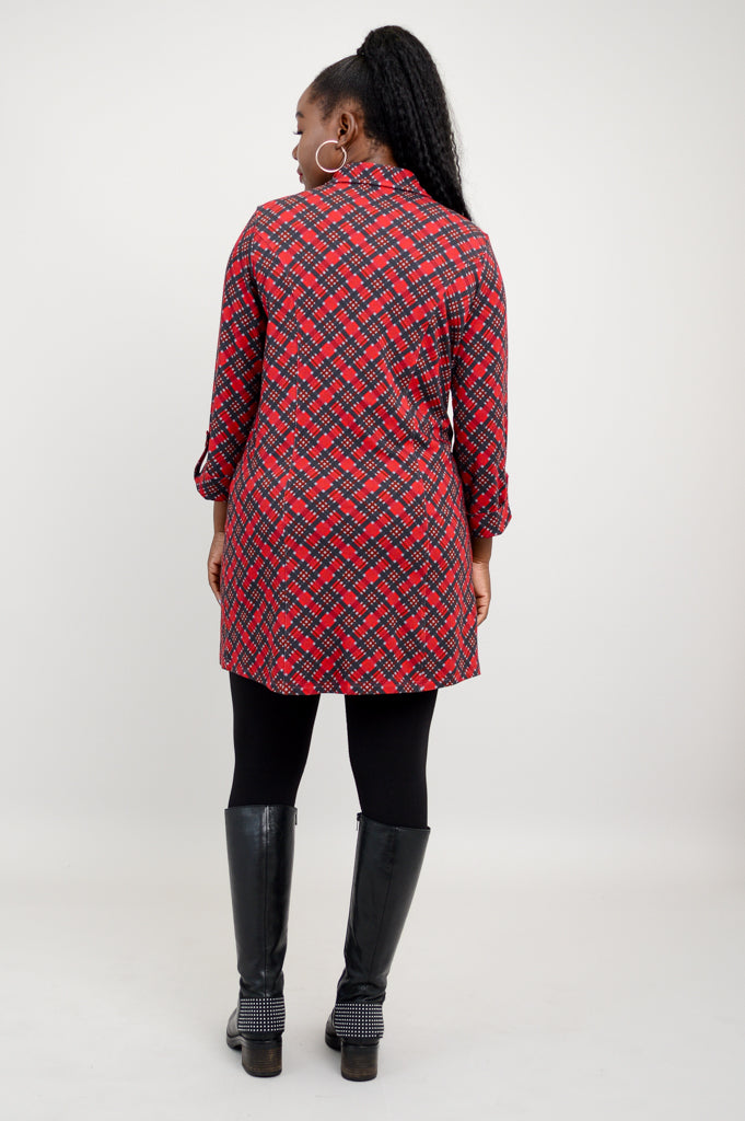 Charlie Tunic - Cherry Plaid Bamboo Top | Women's Comfortable Casual Shirt | Perfect for Office Wear & Weekend Outfits