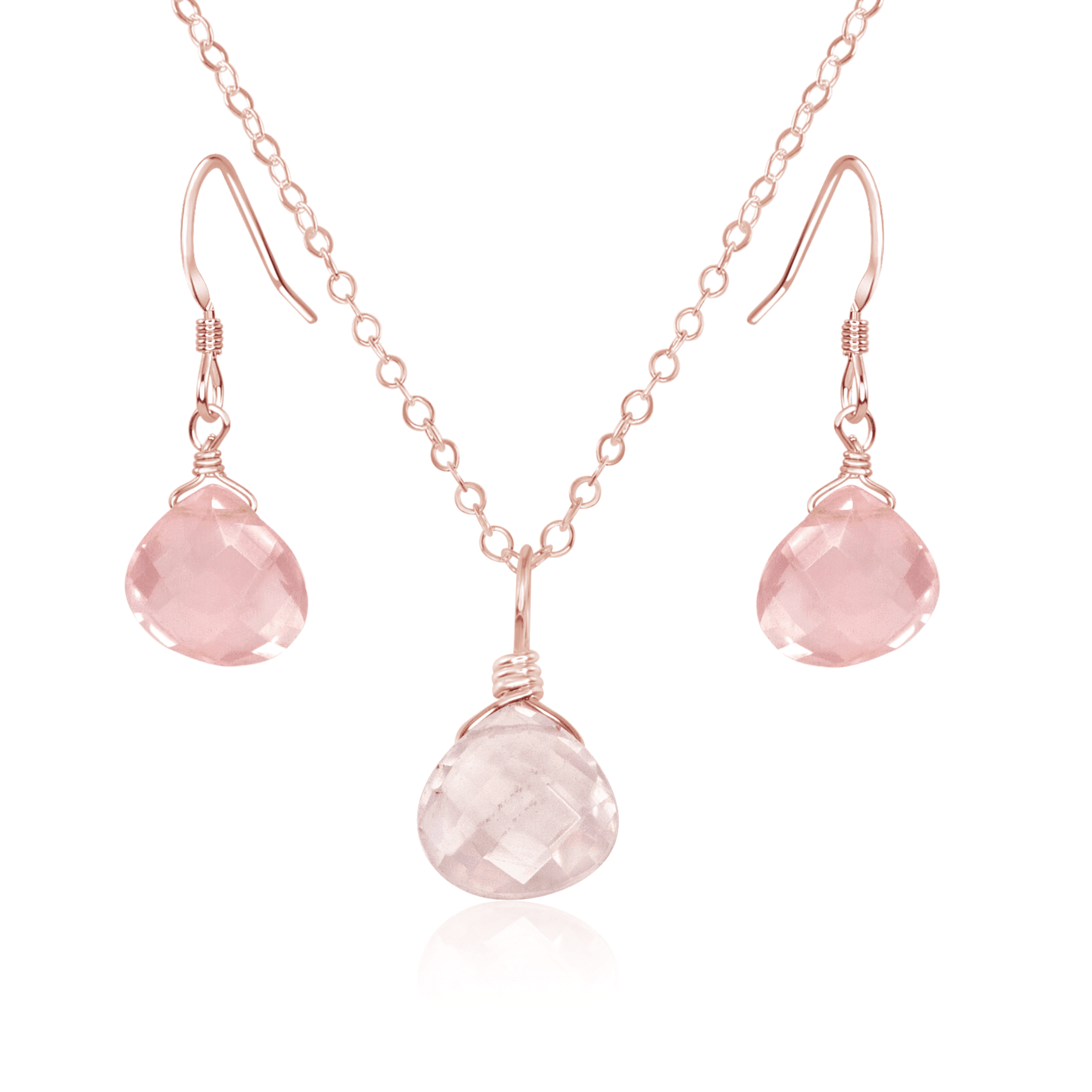 Rose Quartz Tiny Teardrop Earrings & Necklace Set - Dainty Crystal Jewelry for Women | Perfect for Valentine's Day, Anniversary Gifts & Everyday Elegance