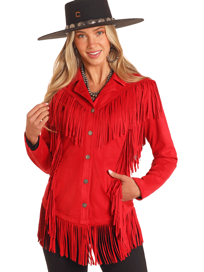 Panhandle DW93C04158 Women's Western Style Micro Suede Fringe Jacket - Red | Cowgirl Fashion for Rodeo, Country Music Festivals & Outdoor Adventures