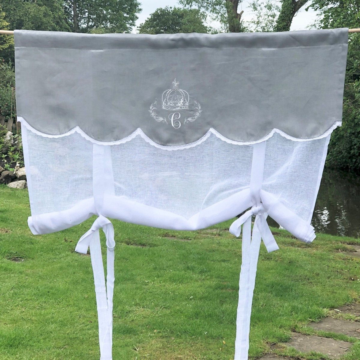 Elegant Grey Linen Window Curtain with Crown Monogram - 40 Inch Height for Living Room, Bedroom & Dining Room Decor