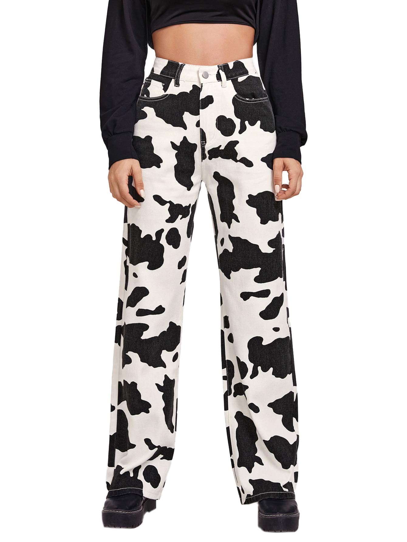 WDIRARA Women's High Waist Cow Print Wide Leg Jeans - Stretchy Denim Pants with Comfortable Fit in Black & White, Size XXS | Perfect for Casual Outfits, Streetwear & Boho Fashion