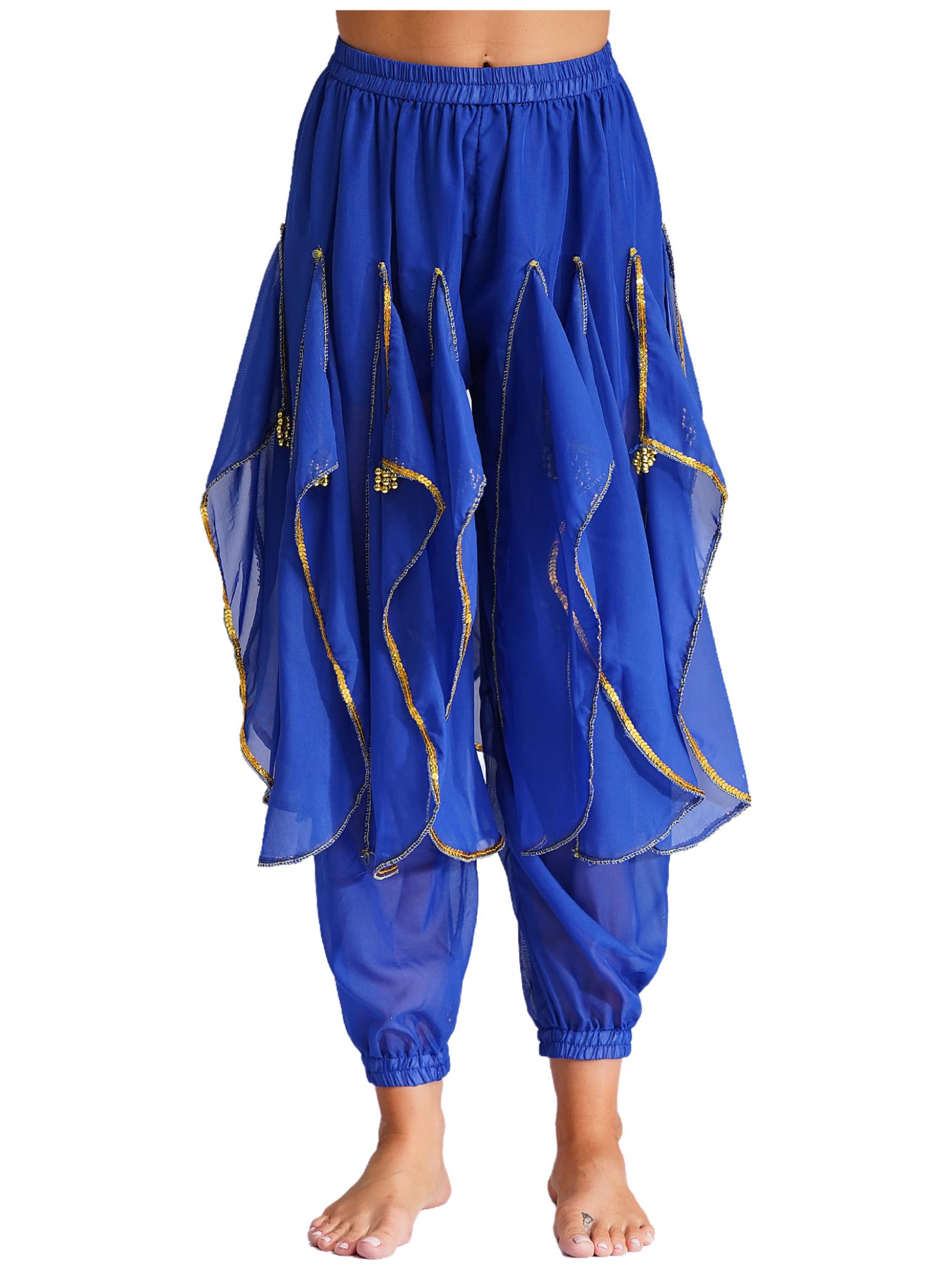 Women's Belly Dance Costume - Ruffle Harem Pants with Gold Trim for Tribal Arabic Dance & Halloween | Comfortable & Stylish for Performances, Parties & Festivals