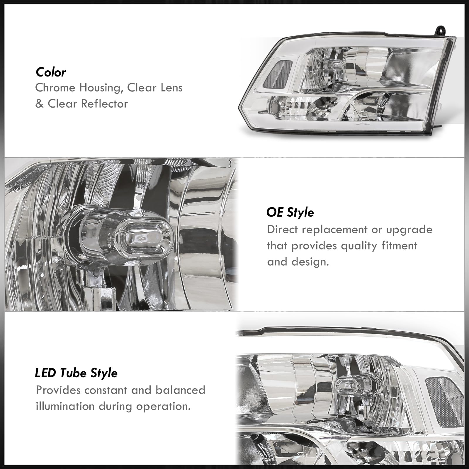 Ram 1500-5500 LED DRL Headlights & Turn Signals - Chrome Housing, Clear Lens for 2009-2018 Models - Off-Road & Street Use