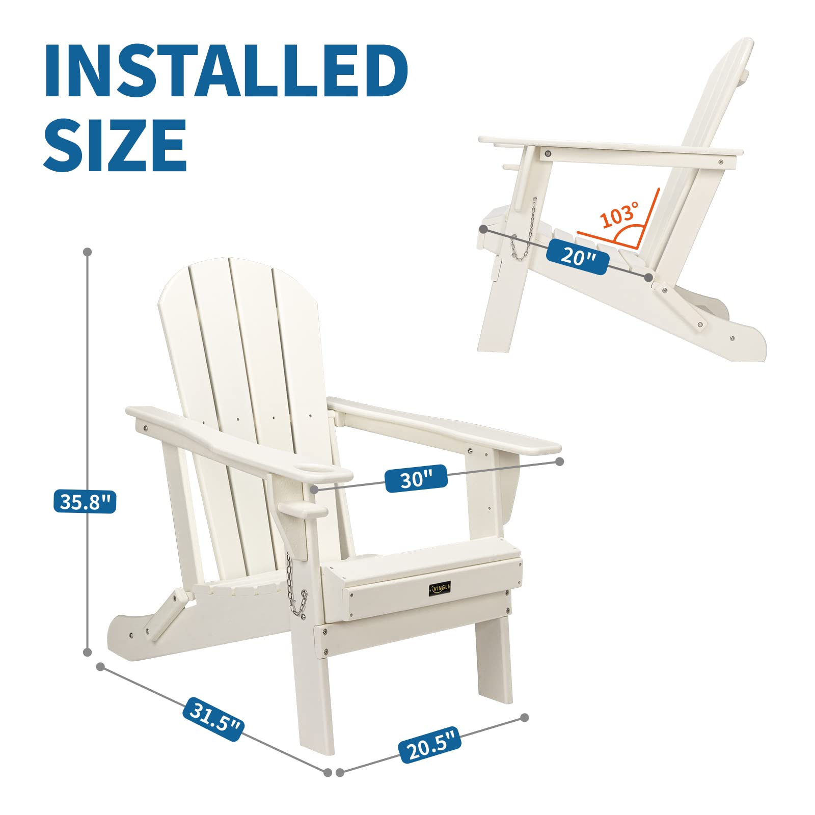 VINGLI 2-Piece Plastic Adirondack Chair Set with Folding Table - Outdoor Patio Furniture with Cup Holders, Waterproof HDPE Material, 380lb Weight Capacity - Perfect for Poolside, Garden, Backyard, and Firepit Relaxation (White)