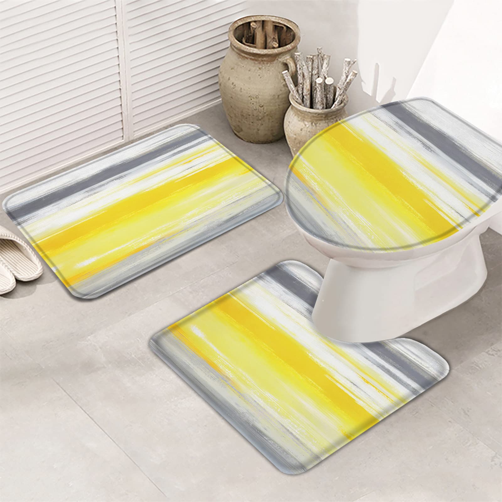 LEOSUCRE 3-Piece Bathroom Rug Set - Abstract Yellow Gray Watercolor Non-Slip Bath Mat, Contour Mat & Toilet Lid Cover | Super Absorbent & Soft Shower Mats for Bathroom Safety & Style