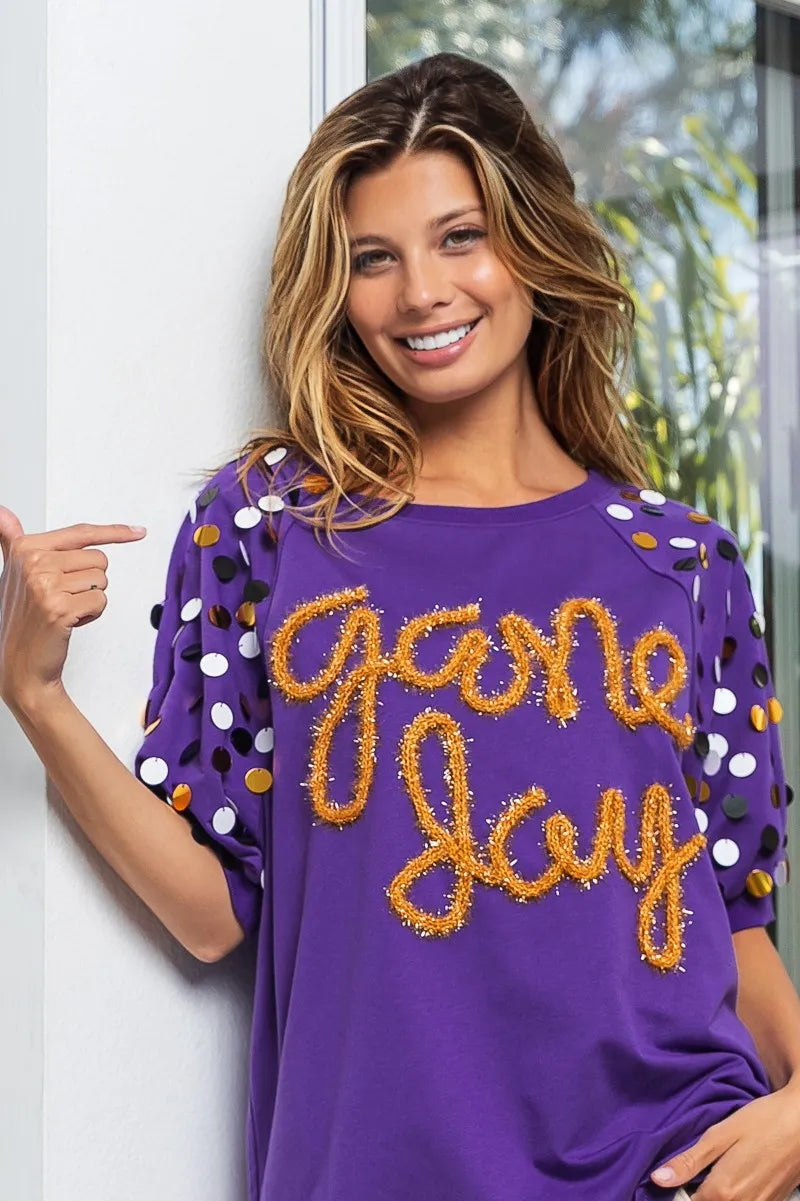 BiBi Game Day Metallic Letter Spangle Sleeve Top - Stylish Women's Party Blouse for Football Games, Concerts & Night Out