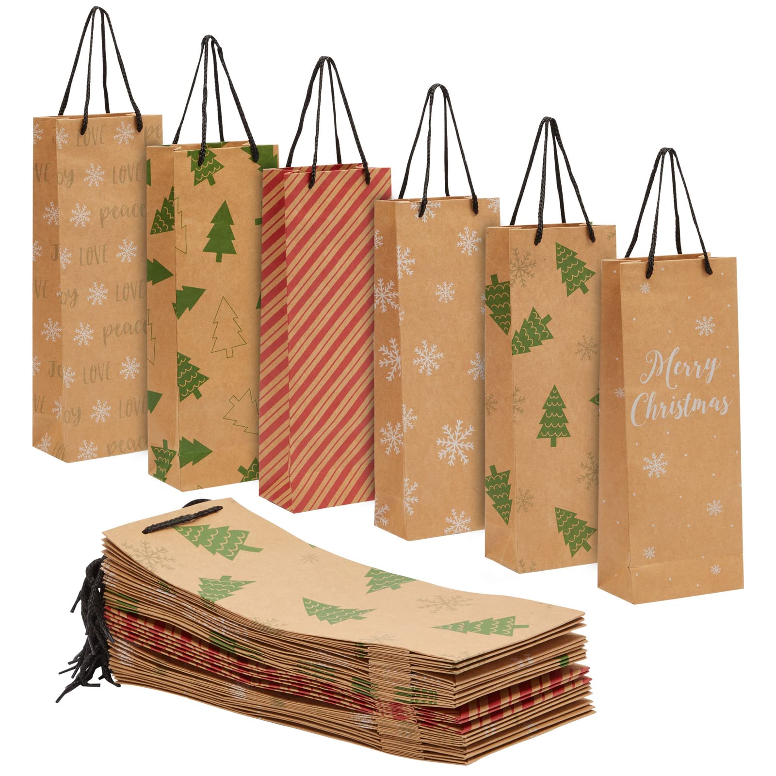 Premium Kraft Christmas Wine Gift Bags - 6 Festive Holiday Designs (15.3