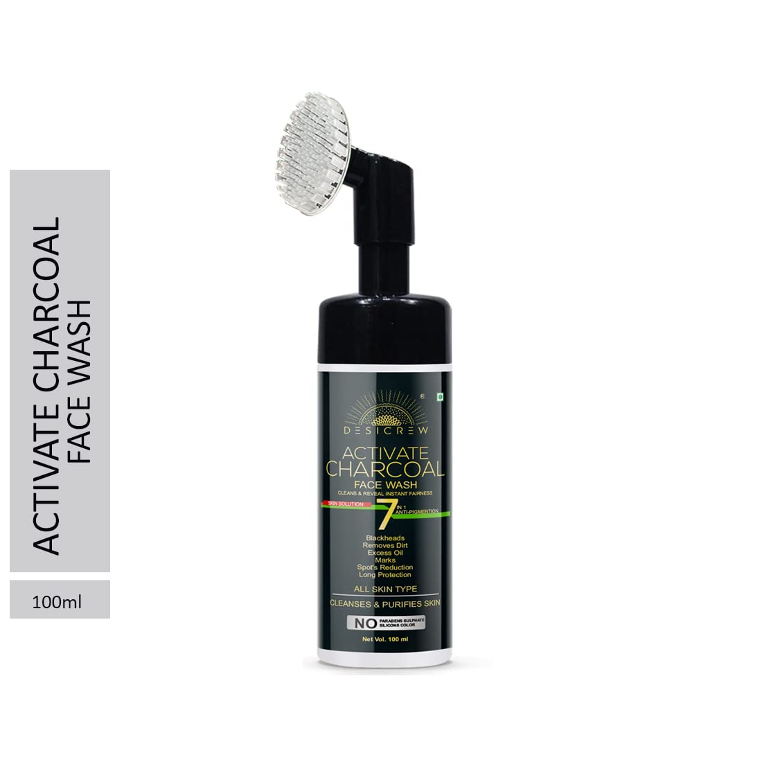 Desicrew Activated Charcoal Foaming Face Wash 7-in-1 - Anti-Pigmentation, Oil Control, Skin Brightening for All Skin Types (100ml) | Deep Cleansing for Acne-Prone & Oily Skin, Daily Facial Cleanser for Men & Women