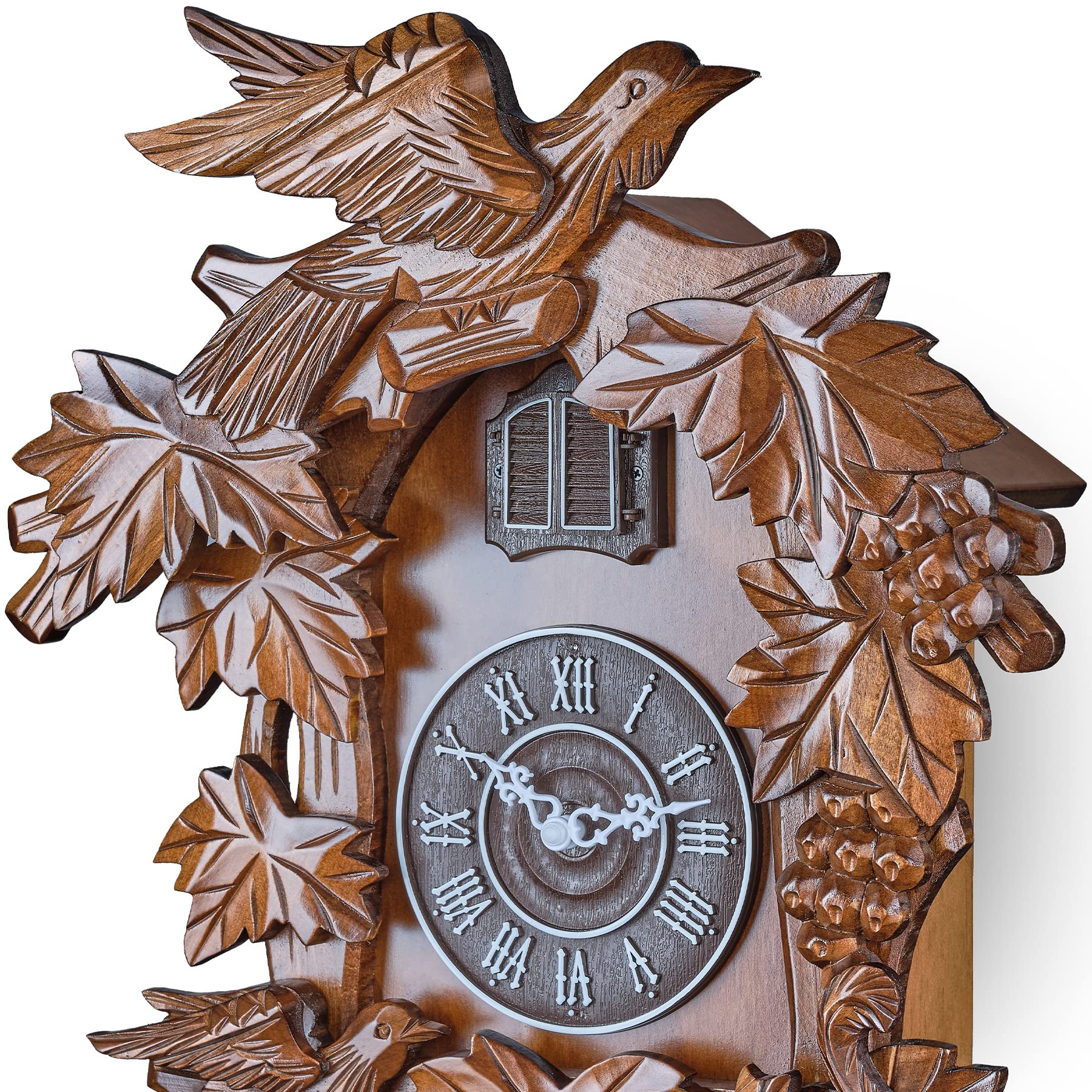 TIMEGEAR Cuckoo Clock with Automatic Night Mode - Hand Carved Wooden Wall Clock - Perfect for Living Room, Bedroom & Office Decor