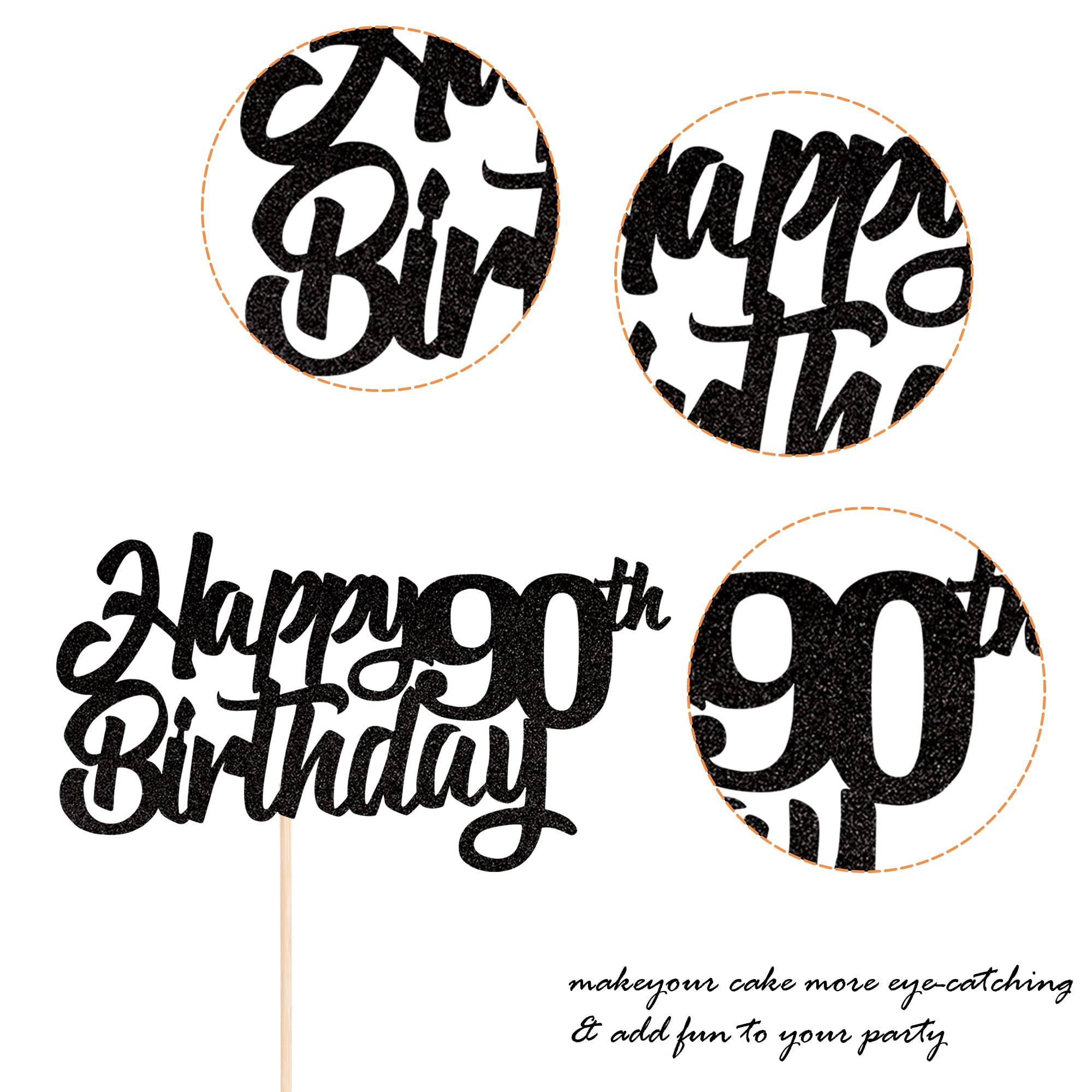 1 Pack Happy 90th Birthday Cake Topper - Glitter 90th Birthday Cake Pick - Cheers to 90 Years - Ninety Fabulous Cake Decorations for 90th Birthday Party Supplies (Black) - Perfect for Birthday Cakes, Cupcakes, and Dessert Table Decorations