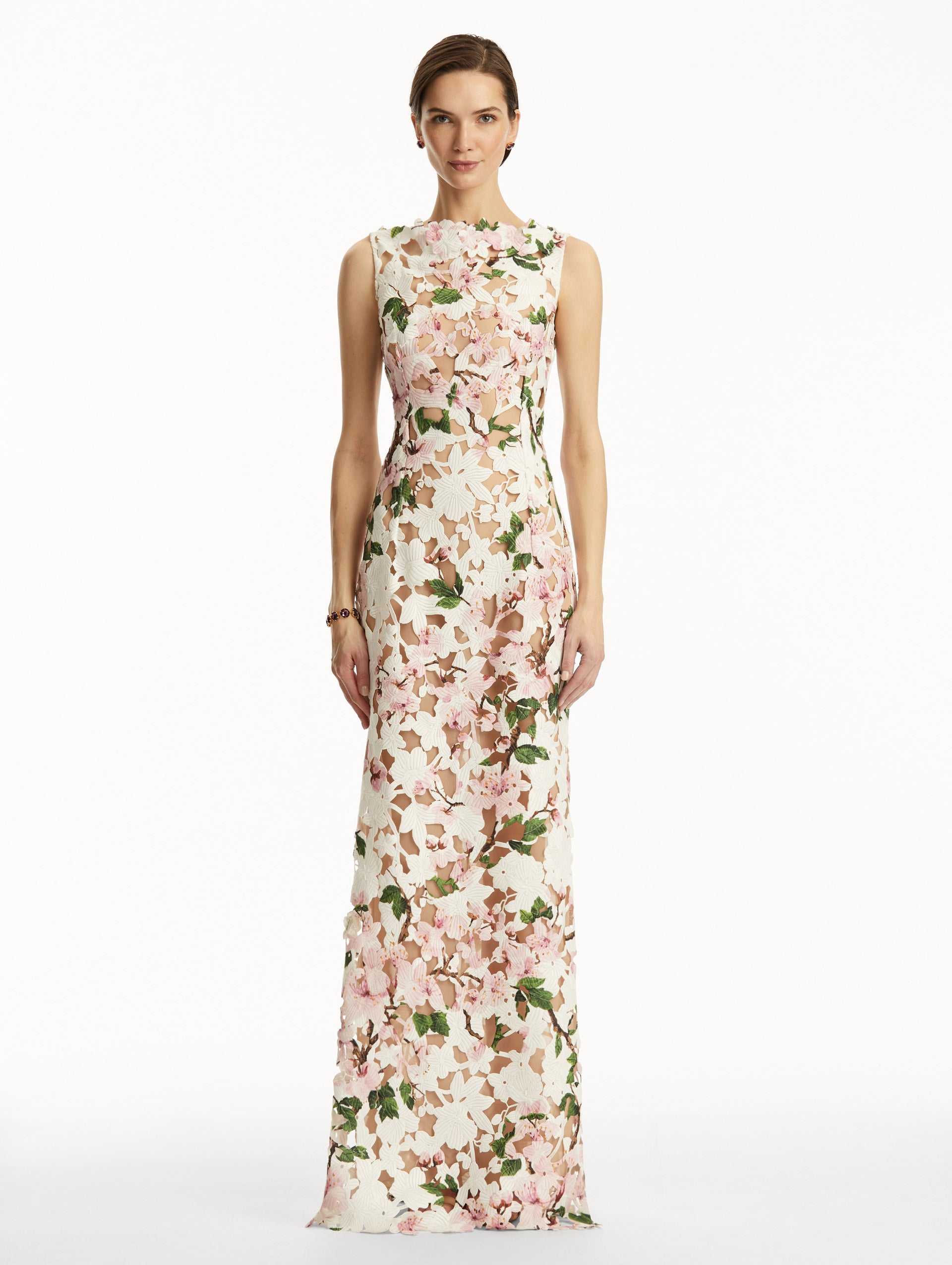 Elegant Cherry Blossom Guipure Lace Evening Gown - Floral Embroidery Formal Dress for Prom, Wedding & Special Occasions