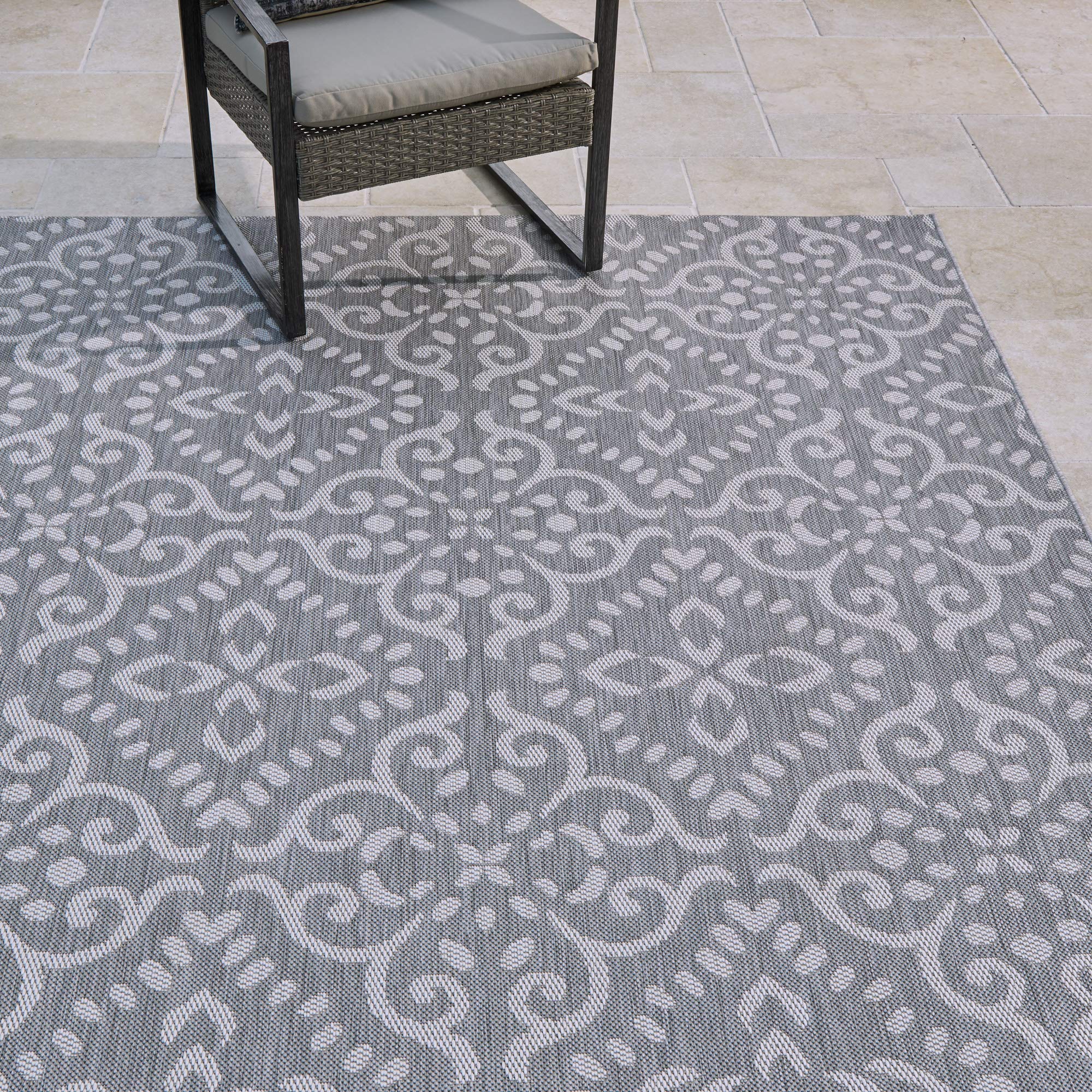 Gertmenian 21646 Outdoor Rug 8x10 - Nautical Themed Waterproof Patio Carpet for Deck, Garden & Poolside - Gray Beige Floral Medallion Design - Freedom Collection Smart Care Technology - Perfect for Outdoor Entertaining & Coastal Decor
