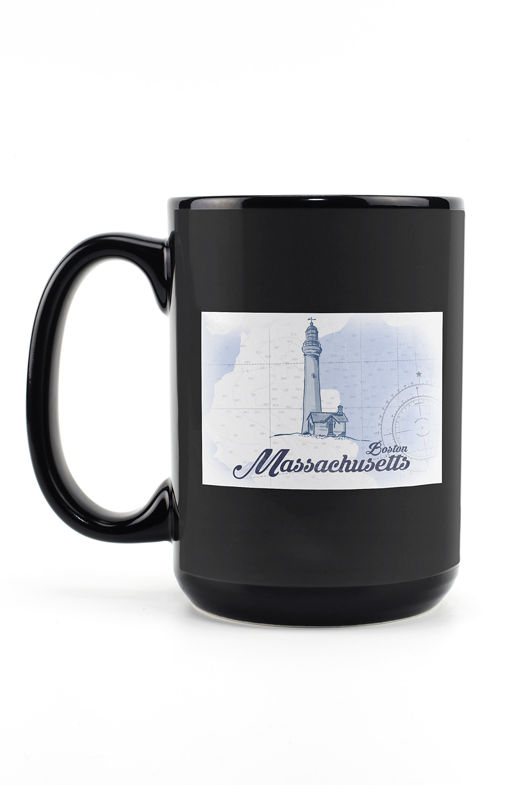 Lantern Press Boston Massachusetts Lighthouse Blue Coastal Icon - 15oz Black Ceramic Coffee & Tea Mug, Dishwasher & Microwave Safe - Perfect for Home, Office & Beach House Decor