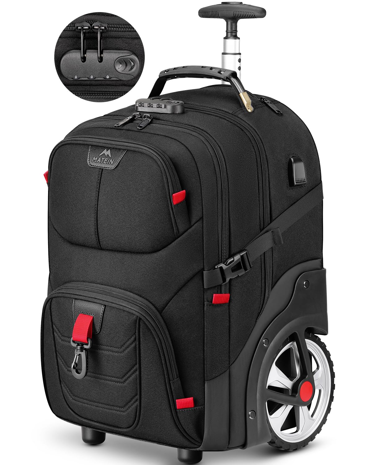MATEIN 17 Inch Wheeled Laptop Backpack for Men & Women - Anti-Theft Rolling Carry On Luggage with USB Charging Port, Water Resistant Business Travel Backpack for Work, College, Airplane & Commuting