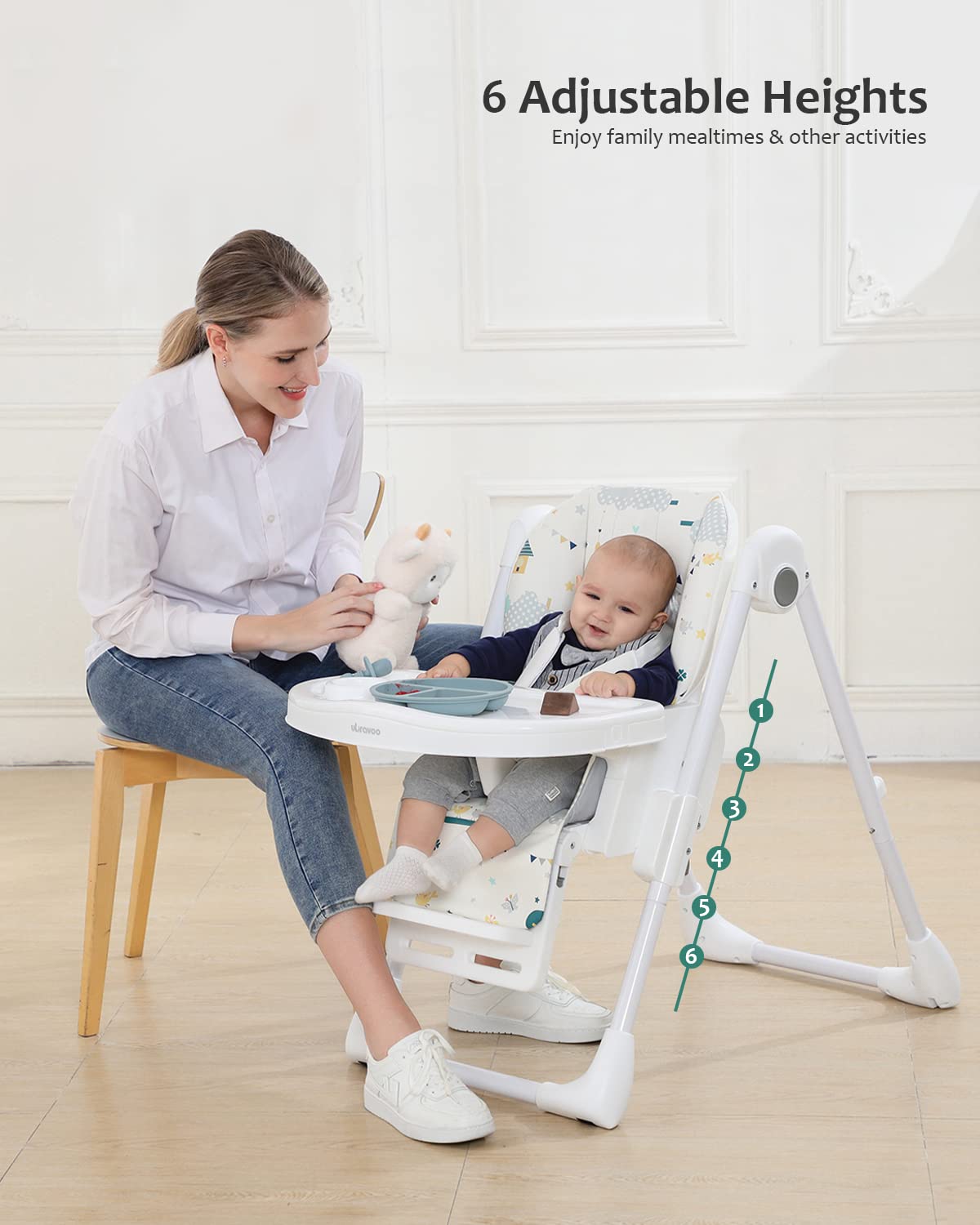 UBRAVOO Baby High Chair for Newborns & Toddlers 0-36 Months - Adjustable, Foldable, Reclining with Double Tray - Easy Clean Feeding Chair for Infants (Animal World Design) - Perfect for Home, Restaurant & Travel Use