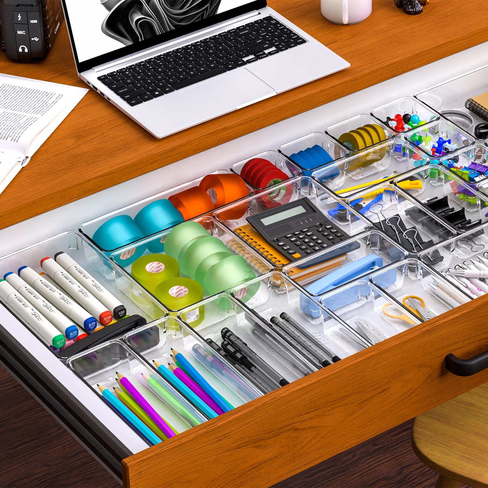 Yieach 13-Piece Clear Drawer Organizer Set - 5 Sizes for Desk, Bathroom & Kitchen Storage | Perfect for Makeup, Jewelry, Gadgets & Office Supplies | Ideal for Bedroom, Bathroom & Office Organization