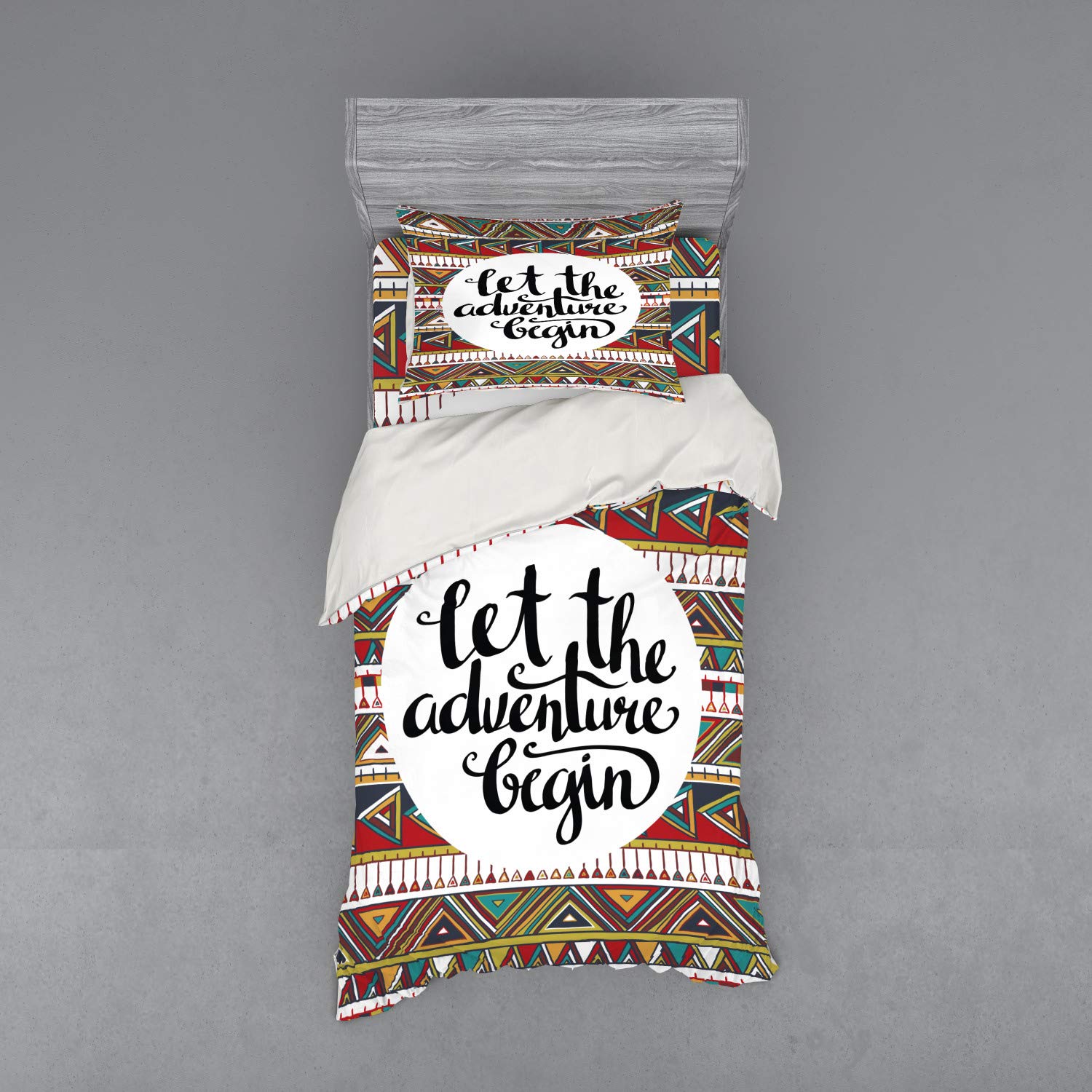 Ambesonne Adventure Bedding Set - Geometric Print & Vintage Handwriting Design - 3 Piece Duvet Cover with Sham & Fitted Sheet - Twin Size Multicolor - Perfect for Kids Rooms, Dorm Decor & Adventure Themed Bedrooms