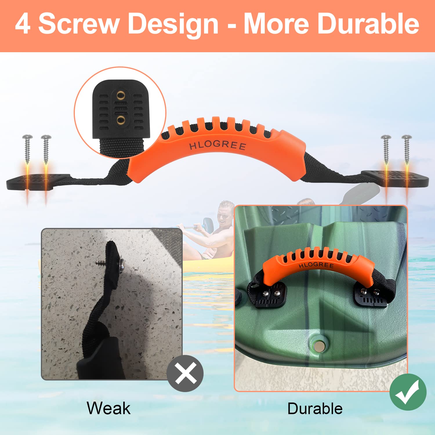 HLOGREE Kayak Handles 2/4 Pack - Heavy Duty Kayak Carry Handles with Stainless Steel Rivets - Replacement Kayak Handles for Emotion, Pelican, Hobie, Lifetime, Sit-on-Top, Ocean & Wilderness Kayaks - Perfect for Easy Transport & Storage of Fishing & Recreational Kayaks