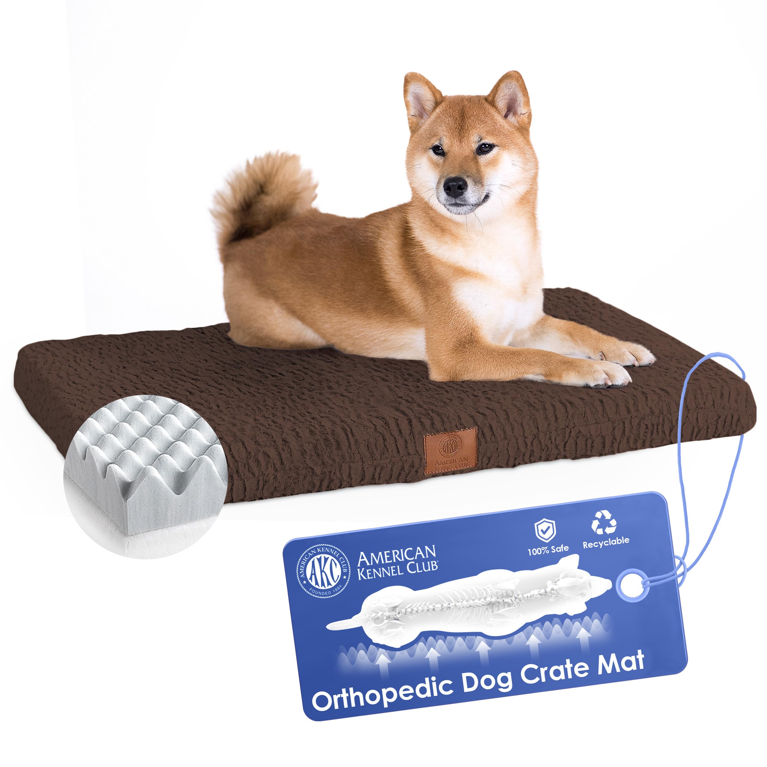 AKC Orthopedic Memory Foam Dog Crate Bed - Egg Crate Foam for Joint Pain Relief, Washable Cover with Non-Skid Bottom, Breathable & Durable Pet Bed (30x22 Inches, Brown) - Perfect for Crates, Kennels & Dog Houses