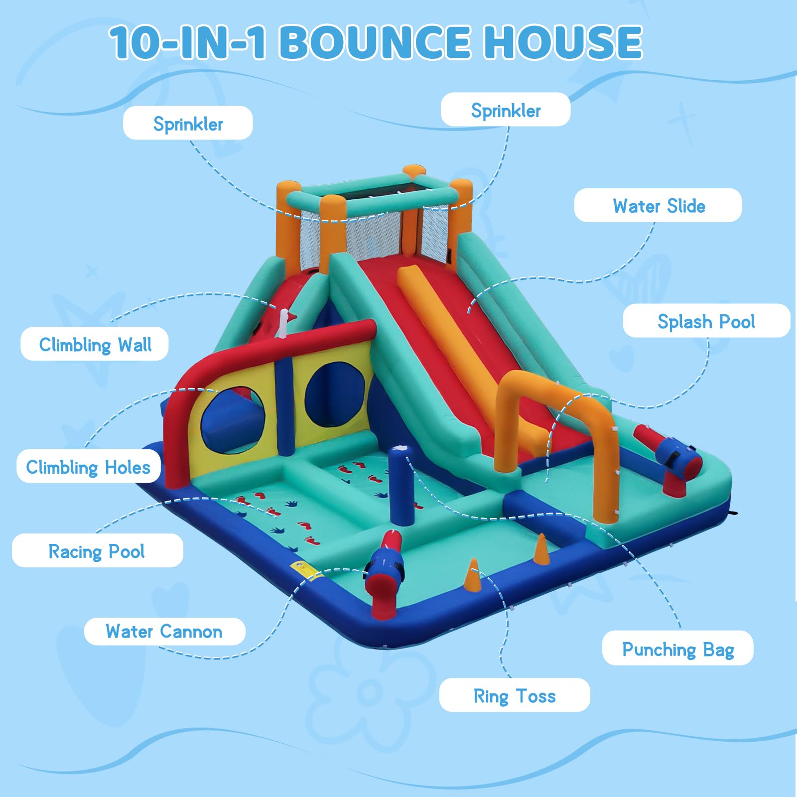 **Double Lane Inflatable Water Slide with 4 Splash Pools, Climbing Wall & Water Cannons - Kids Outdoor Water Park Bounce House with 450W Blower - Perfect for Backyard Parties, Summer Fun & Family Gatherings (Blue)**
