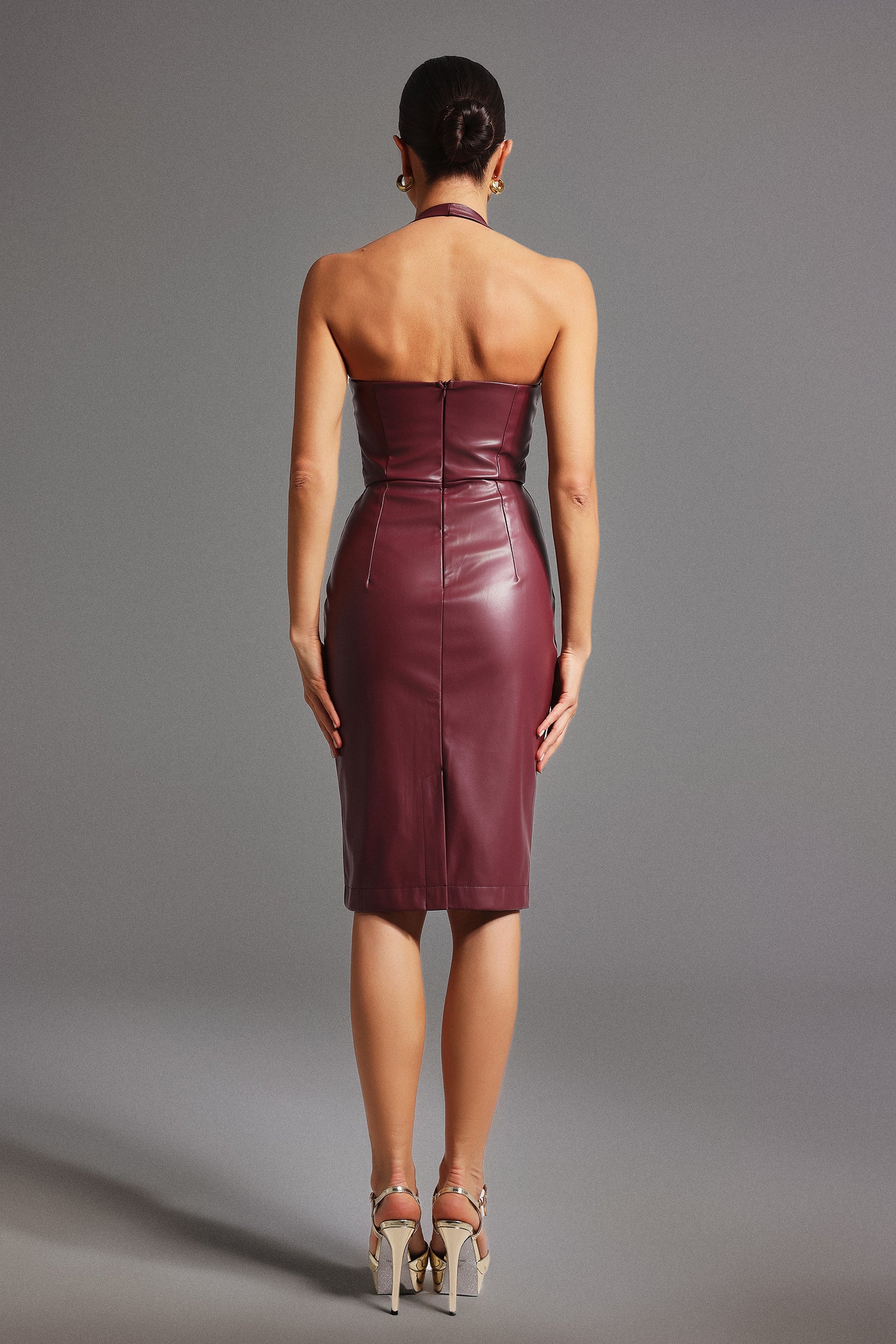 Ralaya Women's V-Neck Lace-Up Faux Leather Midi Dress for Party, Date Night & Special Occasions