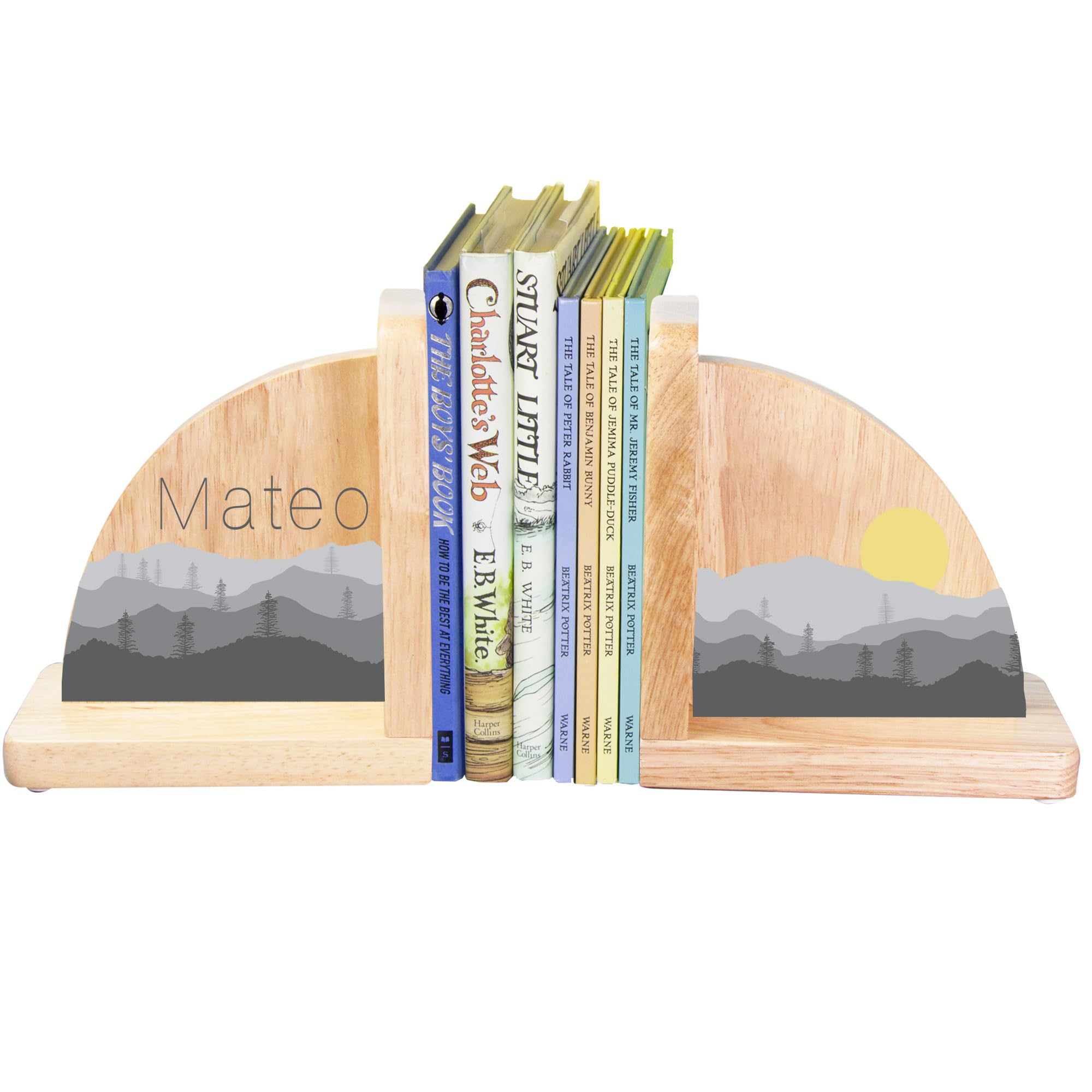 Personalized Wood Bookends with Gradient Mountain Design - Custom Name Engraved for Nursery, Office & Desk Decor - Perfect for Gifts, Bookshelves & Home Organization