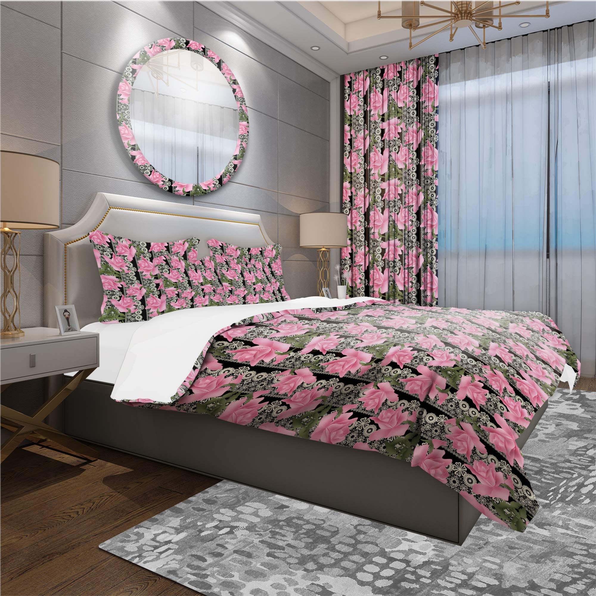 DesignQ Black Lace Roses Nautical Coastal Duvet Cover Set - Pink Twin Size 3-Piece Floral Bedding | All-Season Comfort for Beach House, Guest Room & Coastal-Themed Bedroom Decor
