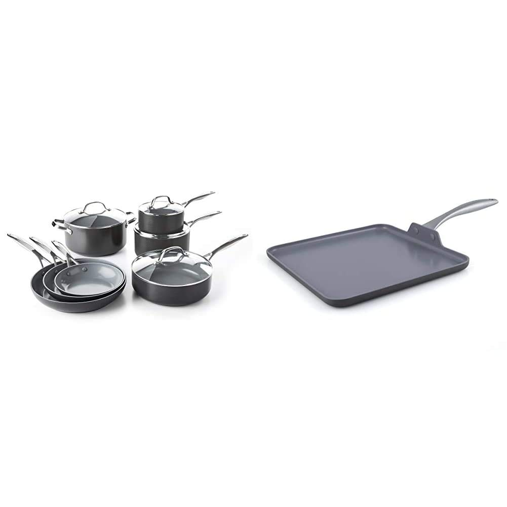 GreenPan Valencia Pro 11-Piece Non-Toxic Ceramic Nonstick Cookware Set with Square Griddle - Oven & Dishwasher Safe, PFAS-Free, Gray & Lima - Perfect for Healthy Cooking, Frying & Baking at Home