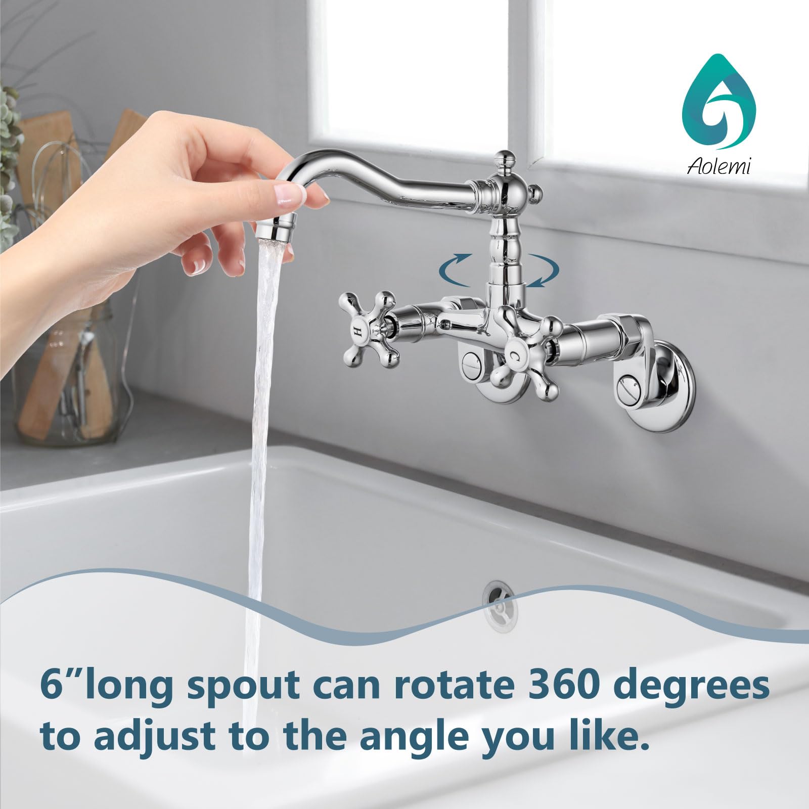 Aolemi Wall Mounted Kitchen Faucet with 2 Cross Handles & 6 Inch Spout - Adjustable Center 3-9 Inch, Polished Chrome Finish - Perfect for Laundry Sinks, Utility Rooms & Outdoor Use