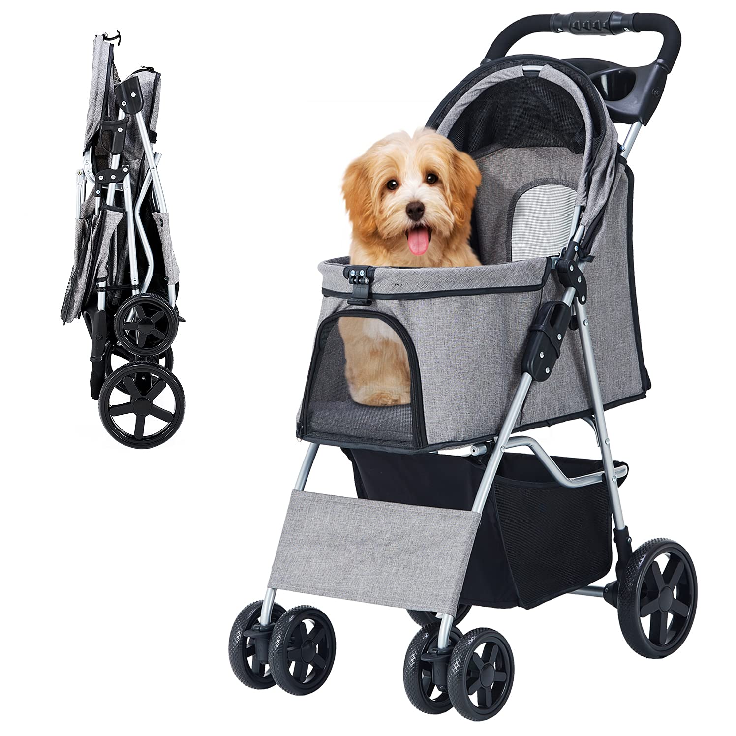 Foldable Lightweight Pet Stroller for Small & Medium Dogs & Cats - Portable Dog Carrier with Storage Basket | Perfect for Park Walks, Vet Visits & Shopping Trips